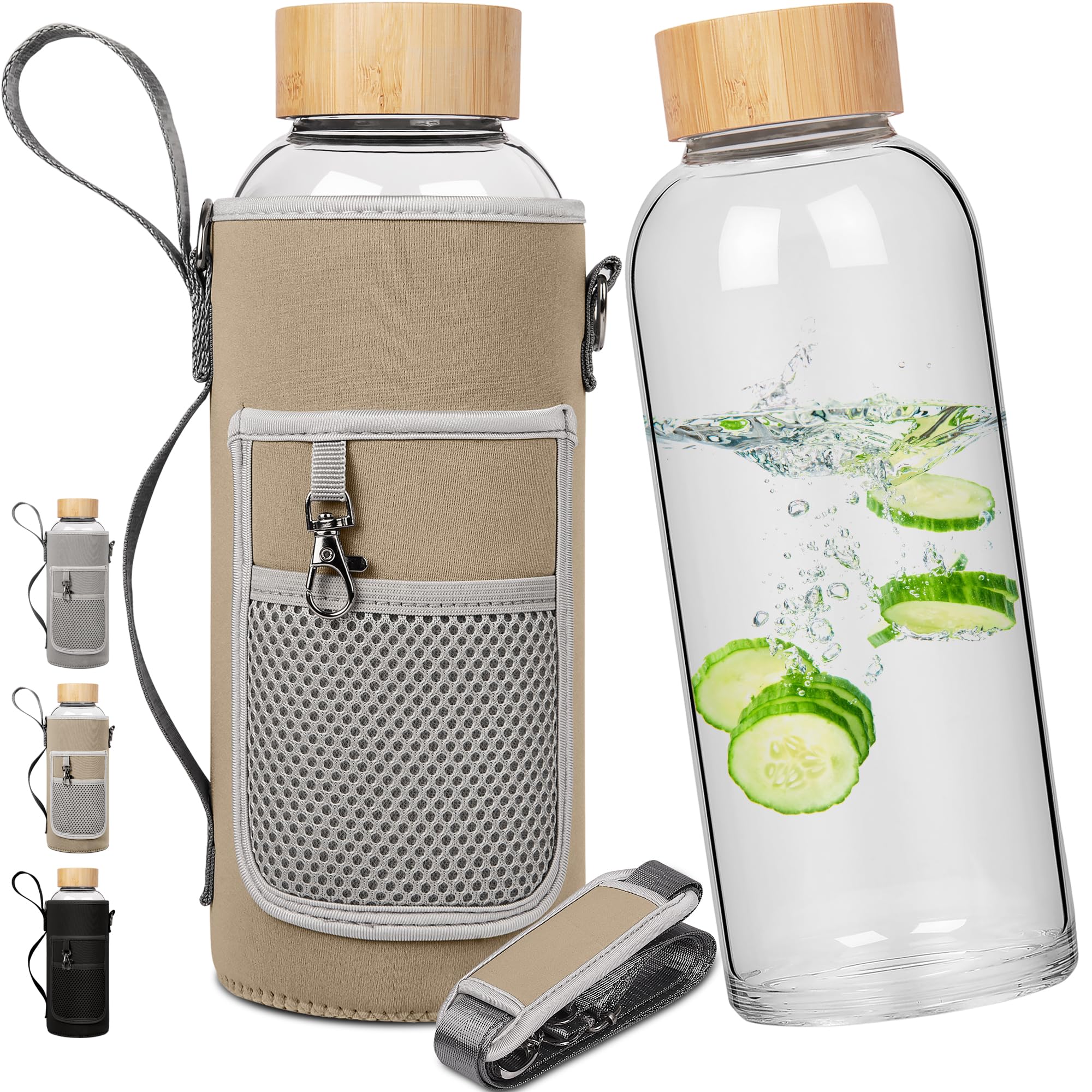 Ferexer 48 oz Sports Borosilicate Glass Water Bottle with Bamboo Lid with Neoprene Sleeve