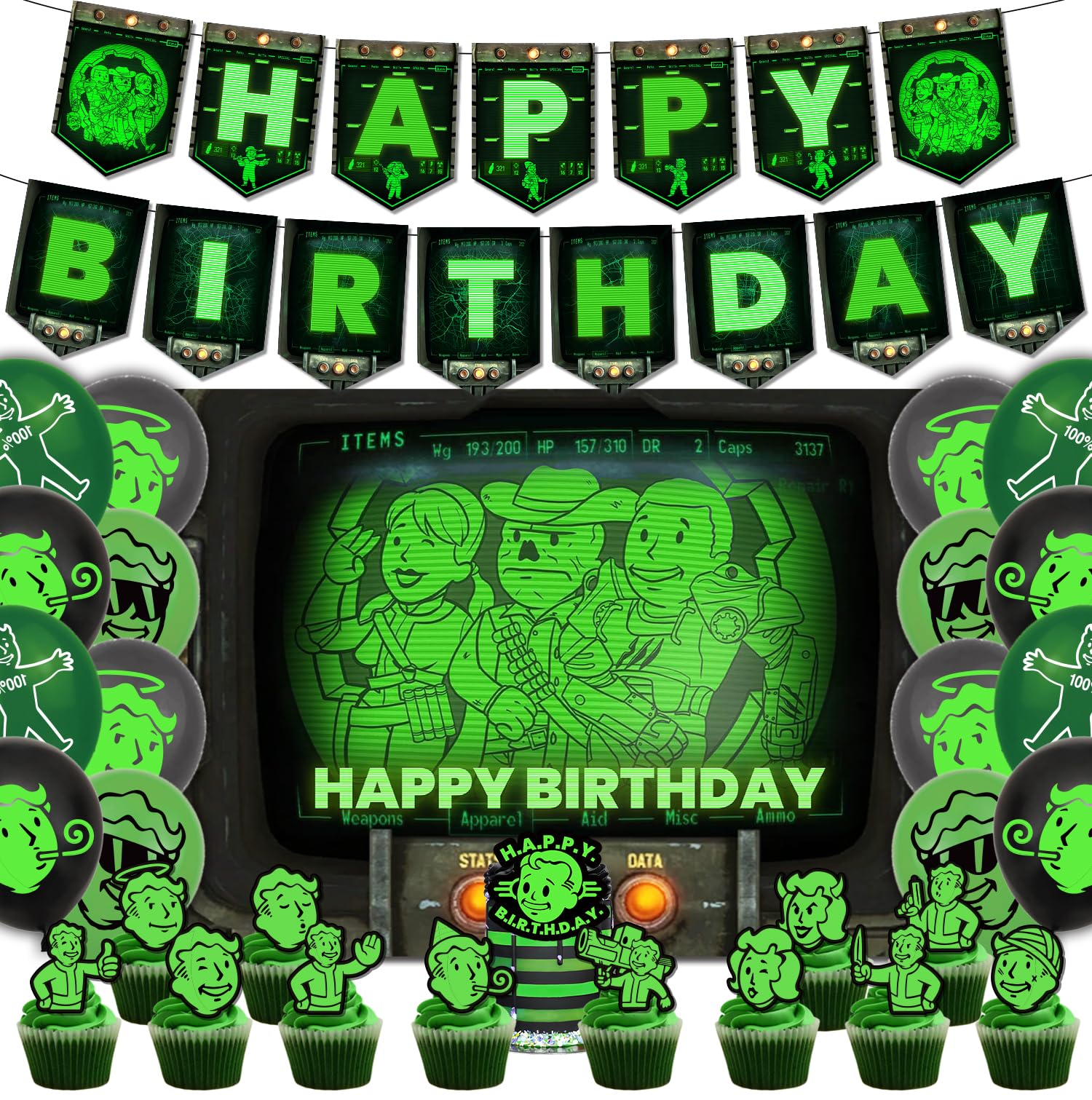 chonglin 31Pcs Game Themed Birthday Party Decorations Includes Backdrop-Banner-Cake Topper-Cupcake Toppers-Balloons for Kids and Fans Game Themed Birthday Party Supplies