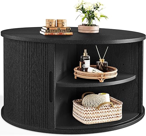 LINSY HOME Mesa auxiliar redonda, mesa de centro de tambor de 31.5 pulgadas con puerta corrediza de tambor, mesa central acanalada con