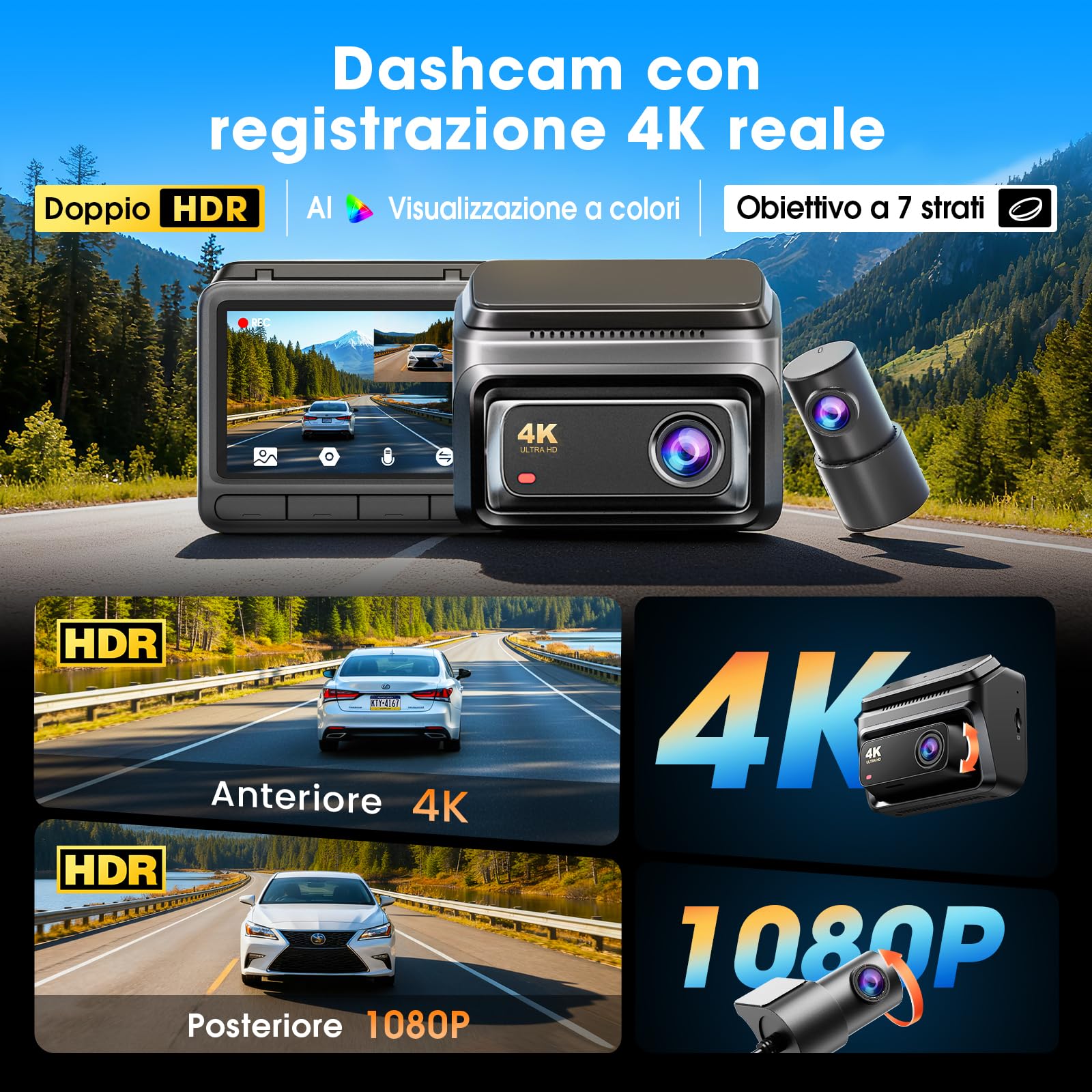 DDPAI Dash Cam Auto, 4K + 1080P Telecamera Auto con 32GB eMMC Integrati, Visione Notturna A Colori, 4G LTE Support, WiFi 6 5GHz, GPS, Modalità Parcheggio 24H, Schermo IPS 3", ADAS, G-Sensor, Z60 | 512G Max, AI ISP Night Vision 2.0, 5GHz WiFi, GPS, 7-Day A