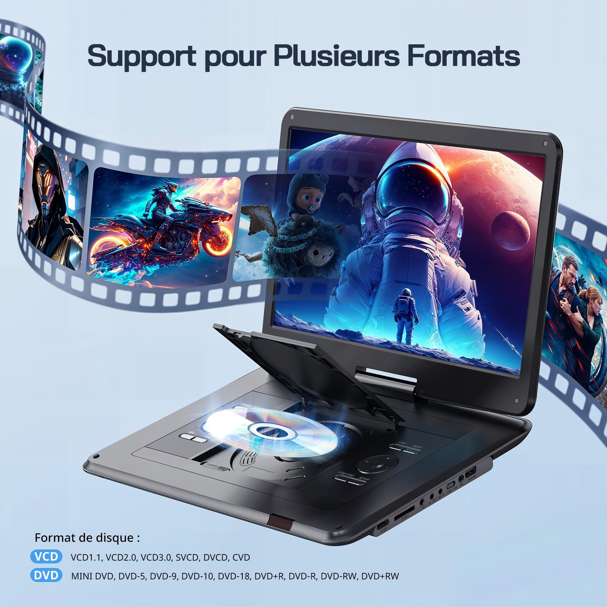 WOLFANG Lecteur DVD Portable 17,5" Écran HD 15,6" Batterie 5000mAh Haut-Parleurs Stéréo USB SD