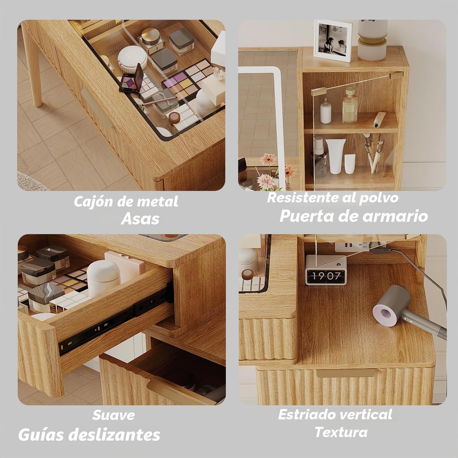 Tocador moderno, 120 cm, con espejo de 90 cm y 3 luces de colores, 5 cajones, estantes abiertos, base de carga de cristal (roble natural)