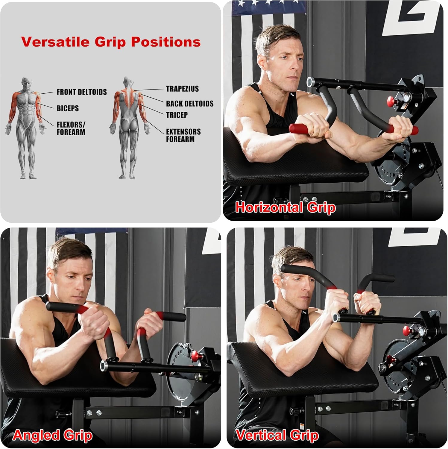 Bicep and Tricep Machine, Plate Loaded Arm Curl Machine with Smooth Cable Pulley System, Adjustable Preacher Curl Bench with Multi-Grip Handle for Home Gym, Fits 1" & 2" Plates