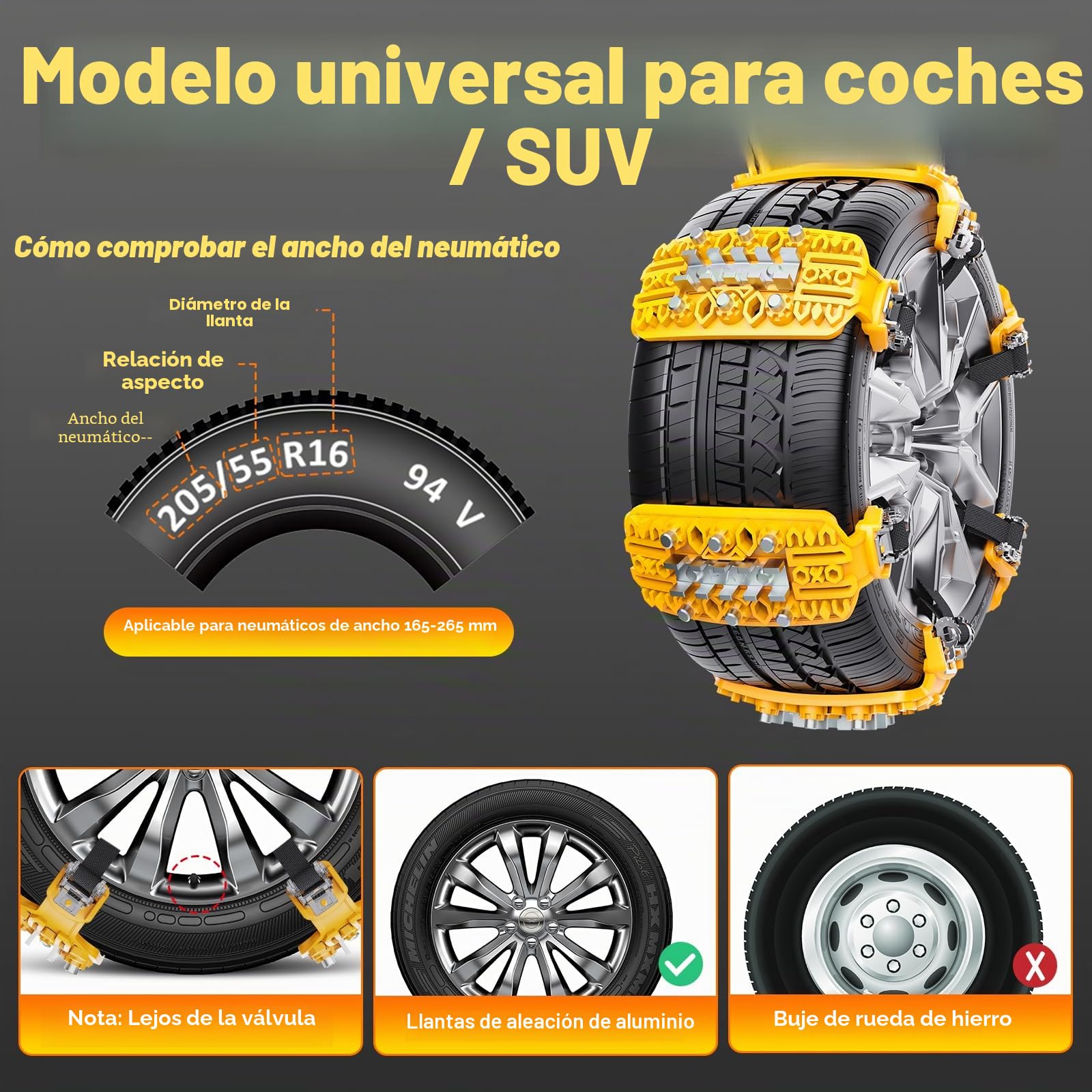 6PCS Cadenas de Nieve para Coche Ninonly Universal Cadenas para Coche con Pala de Nieve de Plástico y Guantes Cadenas para Nieve Fácil de instalar para Automóviles SUV Ancho Neumático 165-265mm