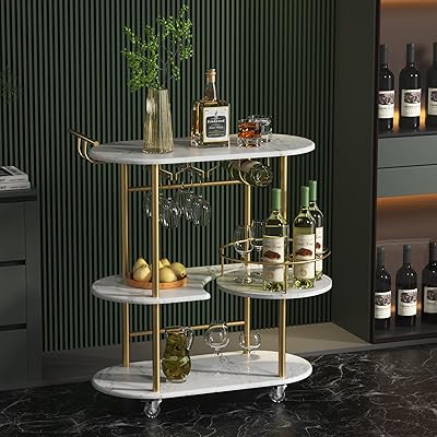 PAUKIN Gold Bar Carts with 4-Tier Storage Shelves, Mobile Bar Serving Cart with Wine Rack and Glass Holder, for The Home, ...