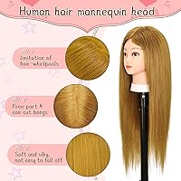 Vista 3 de Mannequin Head with 70% Human Hair, 26" Light Brown Real Human Hair Training Head, Manikin Cosmetology Head with Clamp Holder & Tools, Practice Doll