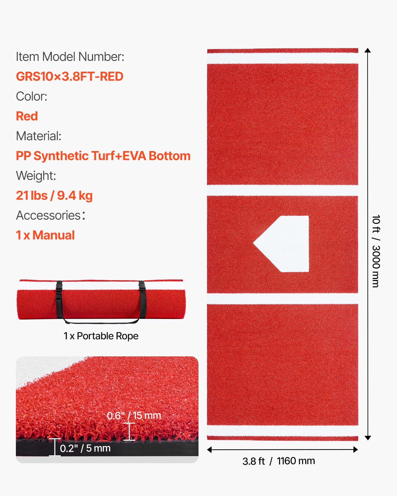 VEVOR Tapis de Frappe Baseball 300x116 cm Gazon Synthétique Anti-décoloration Entraînement Softball Rouge