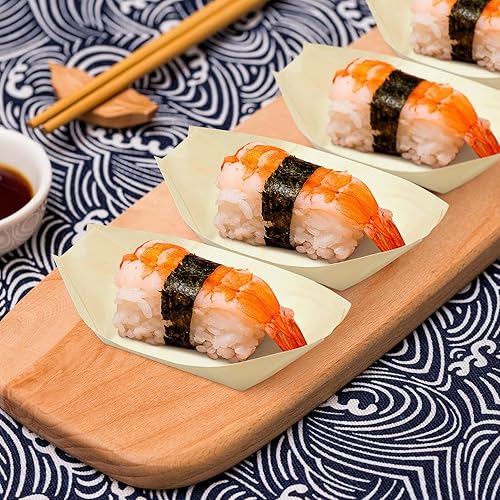 Miniatura 5 de Hemoton 100 botes desechables de bambú para sushi, bandeja de madera biodegradable, 5.5 x 3.14 x 1.57 pulgadas, 100 piezas, para sushi, aperitivo,
