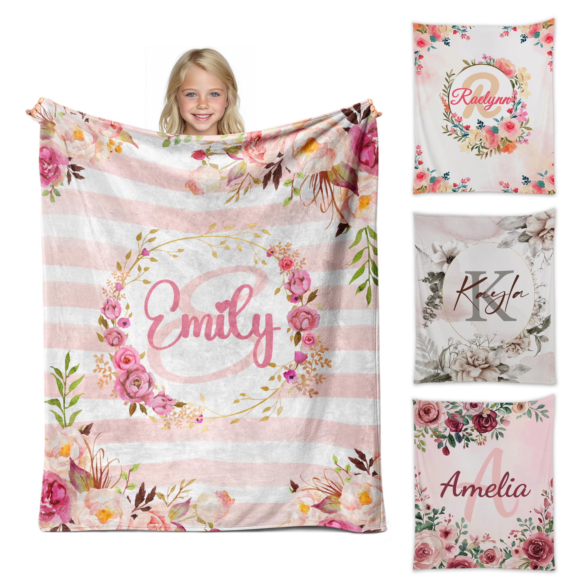 Personalized Baby Blanket for Girls with Name, Custom Baby Girl Blanket, Soft Receiving Blanket for Newborn, Personalized Baby Gifts & Personalized Blankets for Kids(Flroal Name-c)