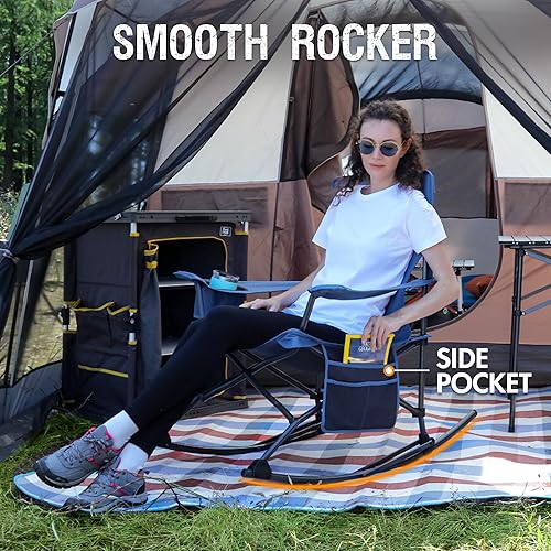 Miniatura 5 de PORTAL Mecedora para exteriores, plegable, portátil, con soporte para tazas, bolsa de transporte con bolsillo lateral, soporte de 350 libras (azul