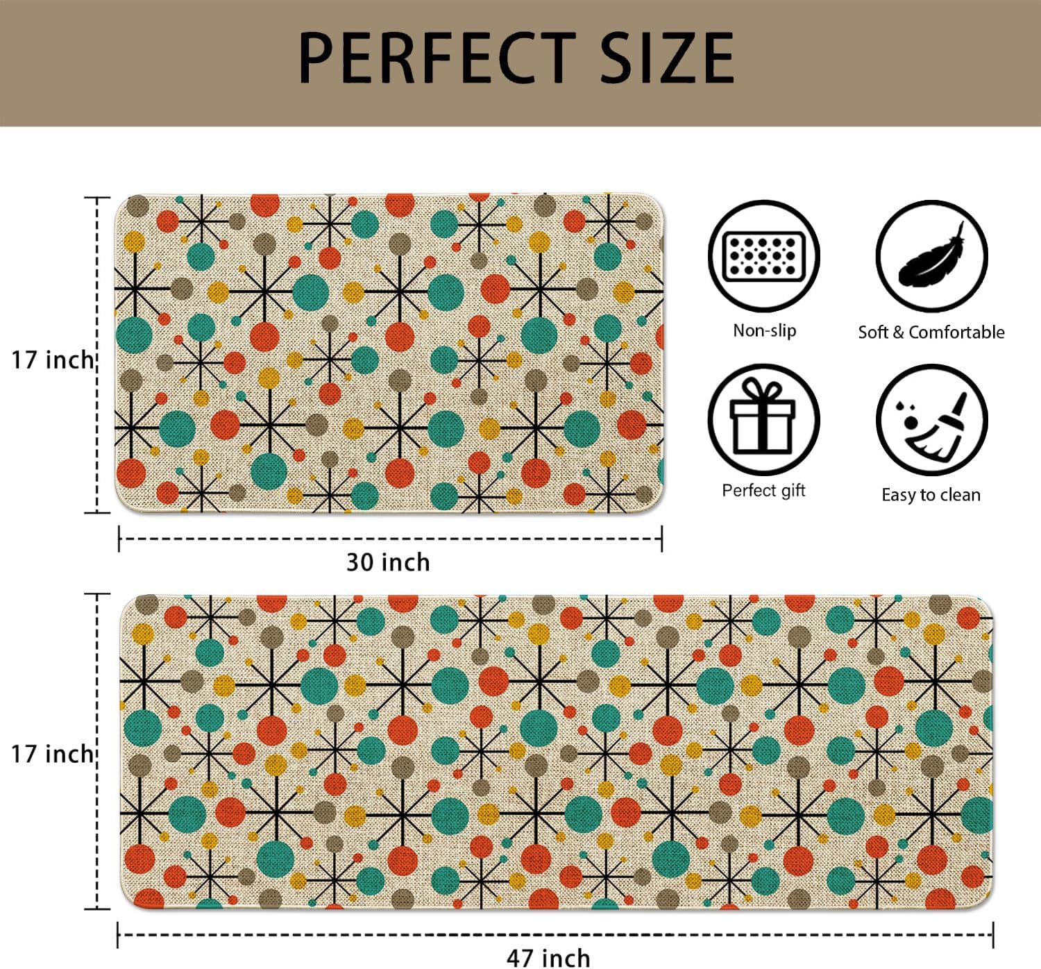 Mid Century Atomic Kitchen Rugs Sets of 2 Non Slip Washable, Fifties Retro Kitchen Mats Home Decor Modern Rug Decorations Indoor - Image 3