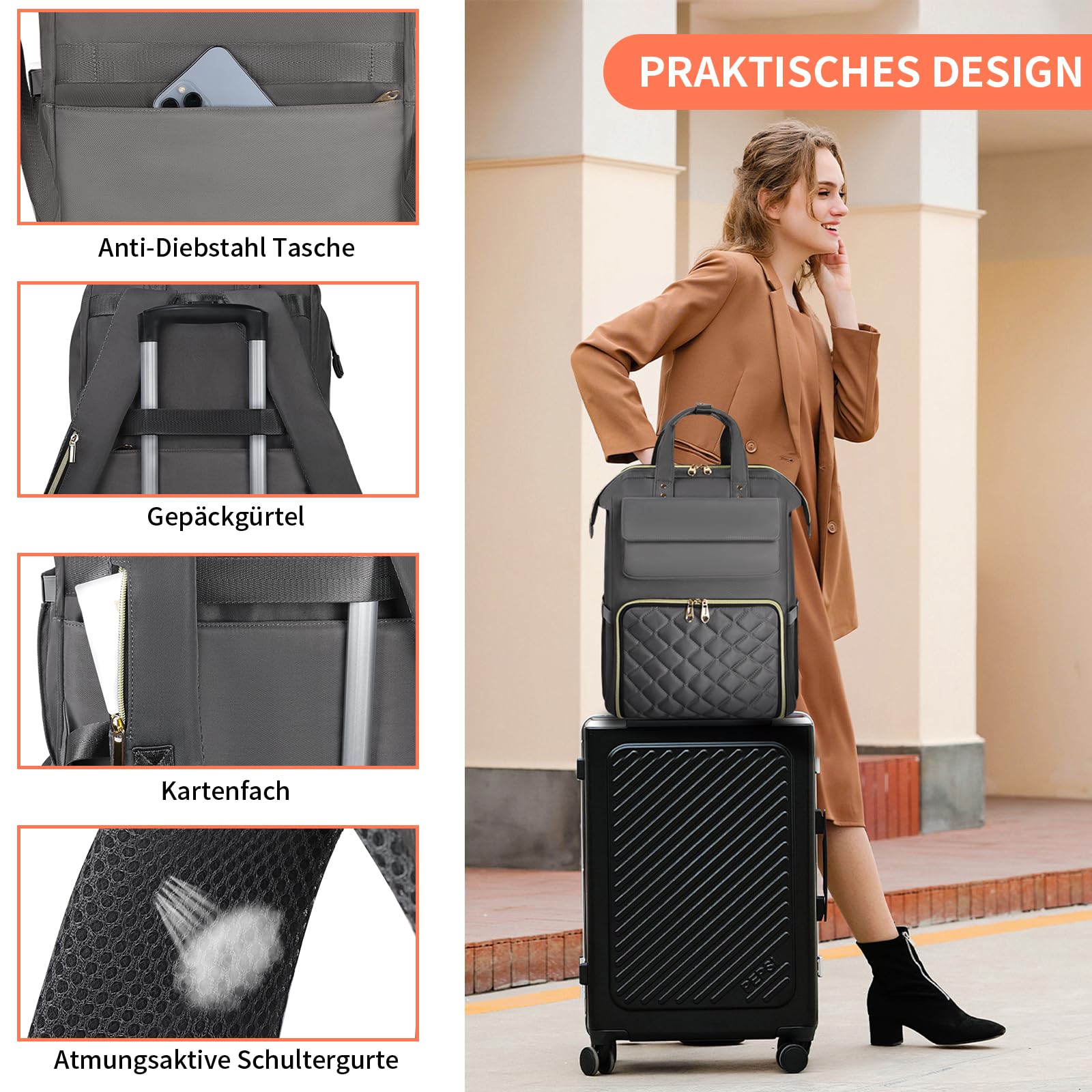BERTASCHE Zaino per il pranzo, per laptop da donna da 15,6 pollici, con borsa termica isolata, zaino da lavoro 2 in 1, per donne, lavoro, lavoro, viaggi, insegnanti, scuola, università, grigio chiaro