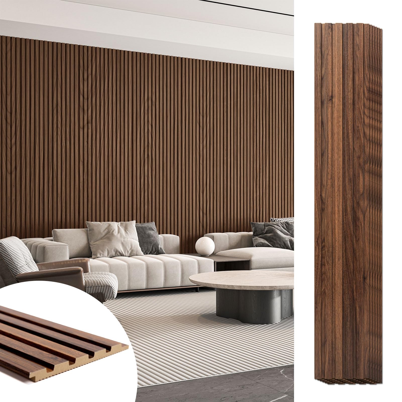 Photo 1 of Art3d 6-Piece Wood Slat Panels for Stylish Interior Decor and Ceiling Decoration, MDF 3D Textured Panel for Ceiling and Wall,Size 94.6 x 7.4 in-Walnut