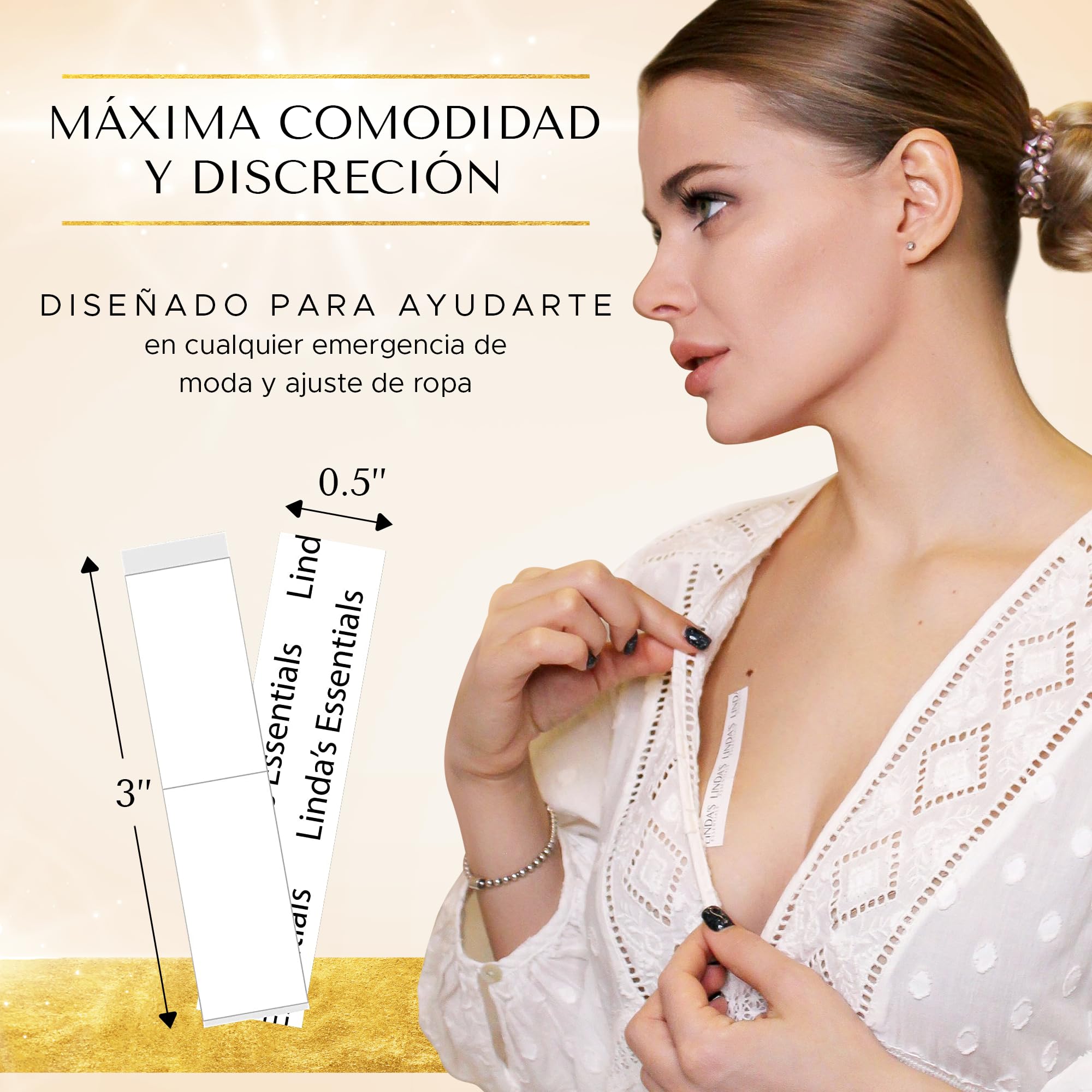 Linda's Essentials Cinta Doble Cara Ropa y Piel Invisible (50 Cintas) Adhesivo Natural Extrafuerte y Resistente al Sudor - Hipoalergénica - Sin Daños en Piel y Ropa Sin Residuos Body Tape y Boob Tape