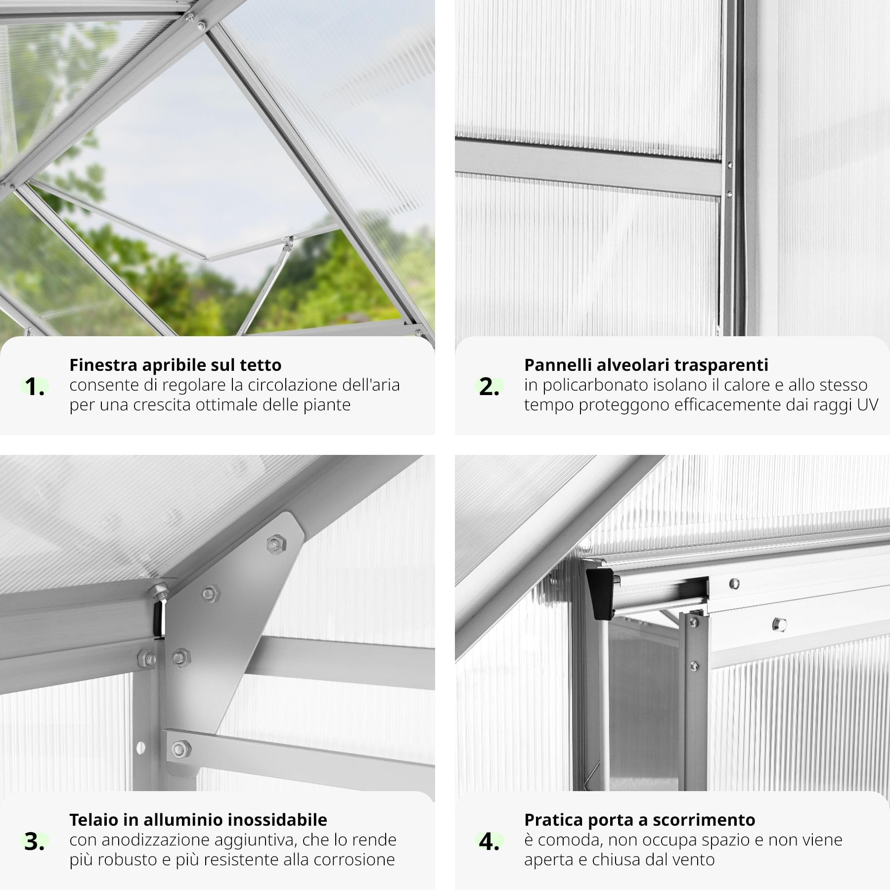 tectake® Serra da Giardino con Telaio in Alluminio Anodizzato, Serra per Orto con Lastre Alveolari Termoisolanti, Serra con Porta Scorrevole, Finestra a Tetto per Ventilazione - 190x185x195 cm