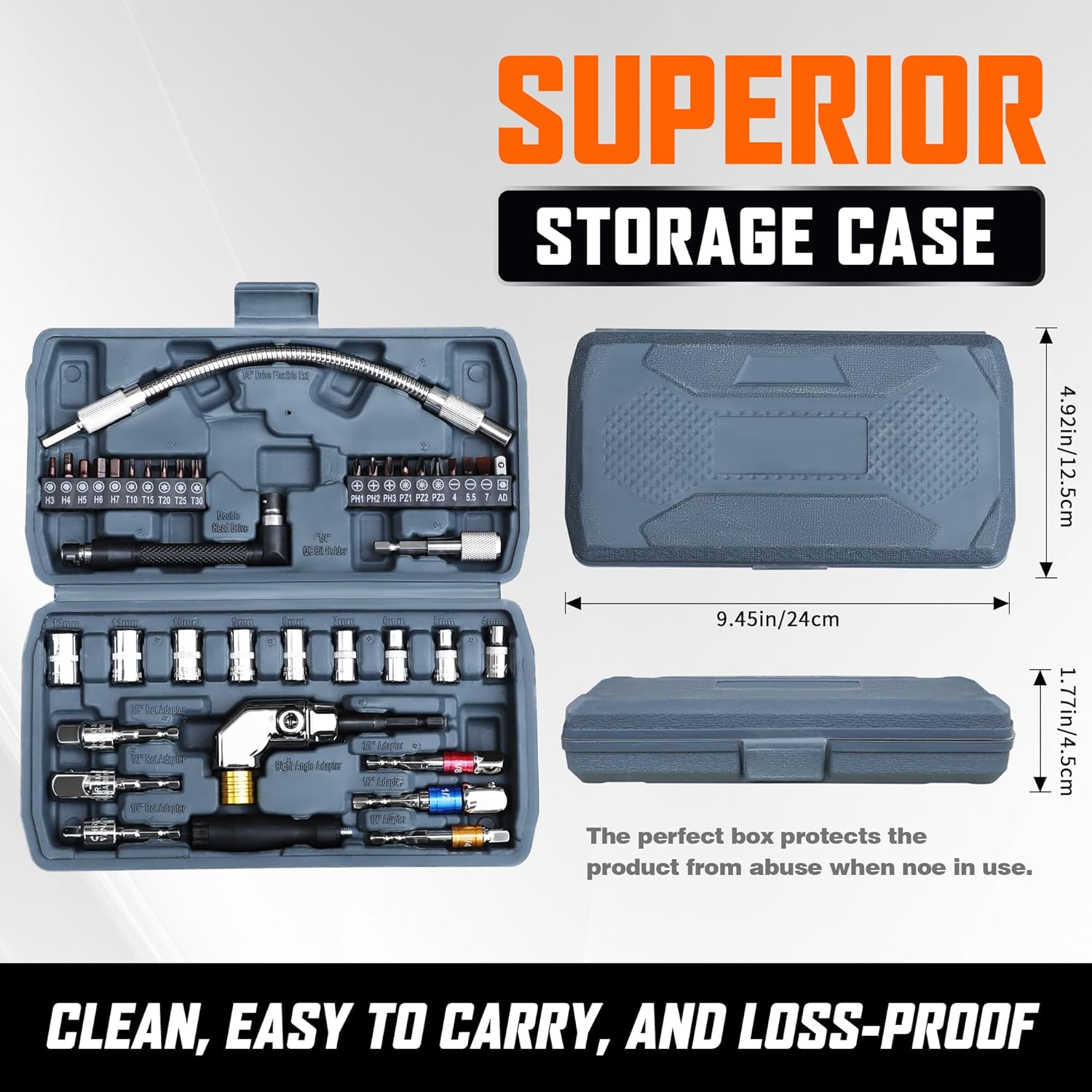 39-Piece Flexible Drill Bit Extension Set with 105° Right Angle Adapter, Metric Sockets, Magnetic Bit Holders, Storage Case