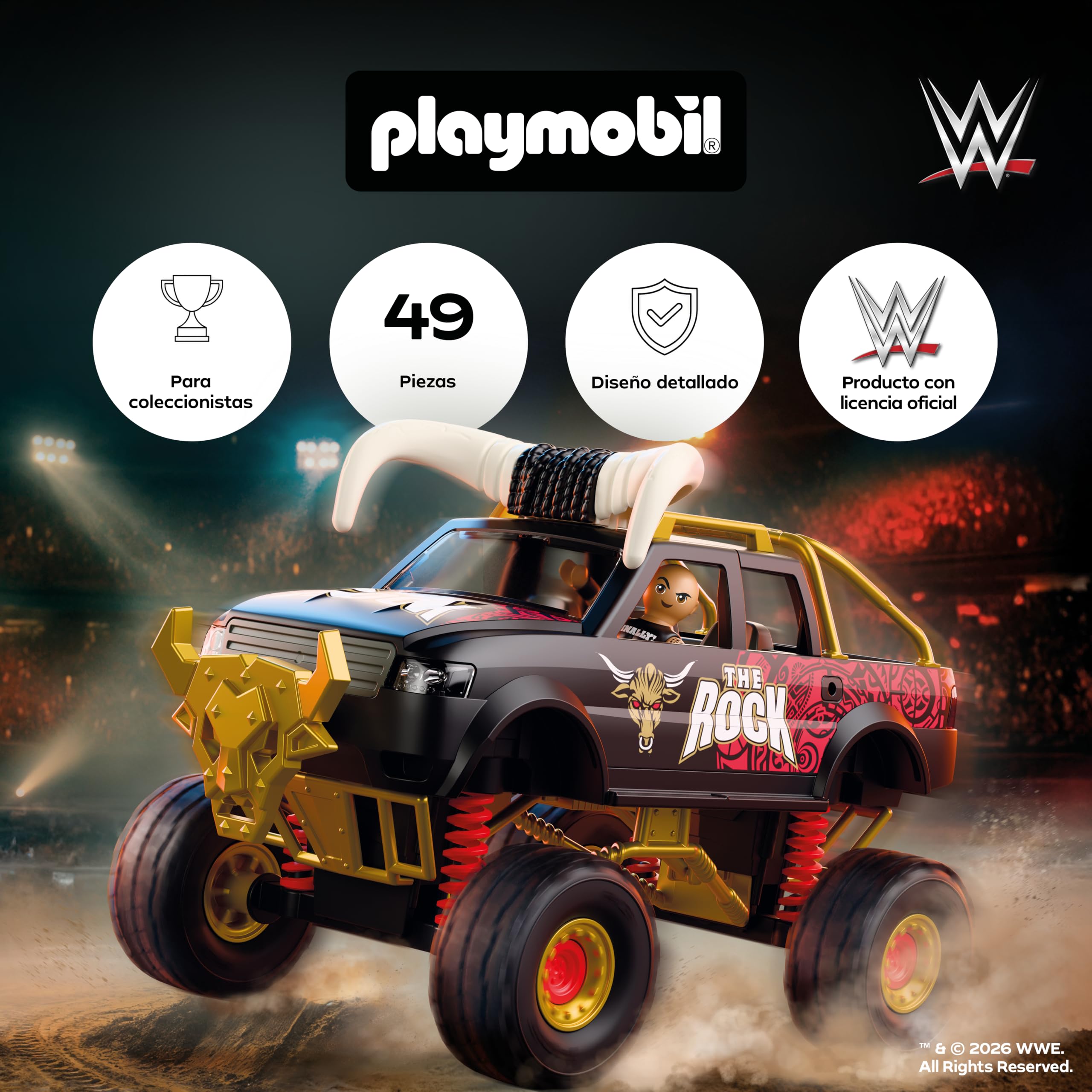PLAYMOBIL | WWE® | The Rock Monster Truck | Monster Truck con suspensión, Cuernos y Figura de The Rock | para Fans a Partir de 5 años | 71955
