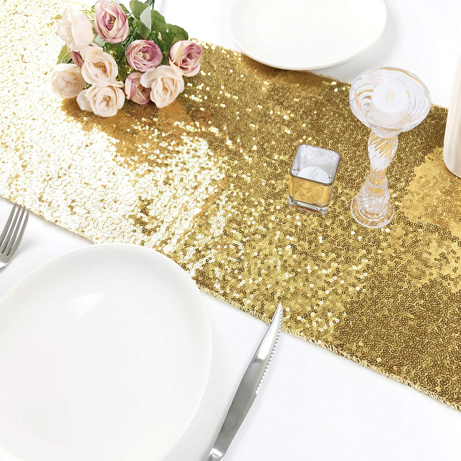 Rutien Sequin Table Runners Gold 5 Pack 12x108 inch Sparkly for Wedding/Birthday Party