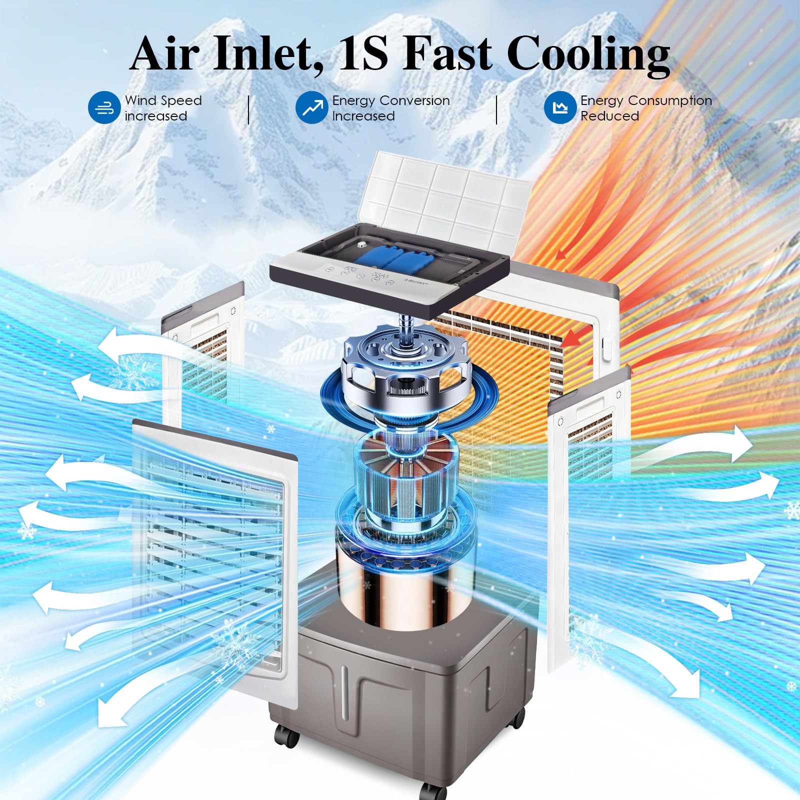 Raffrescatore Evaporativo 30L, Ventilatore ad Acqua con Telecomando e Siberini, Flusso d'Aria Potente, Grande Serbatoio, Climatizzatore Evaporativo Portatile per Grandi Ambienti, Salotto e Garage