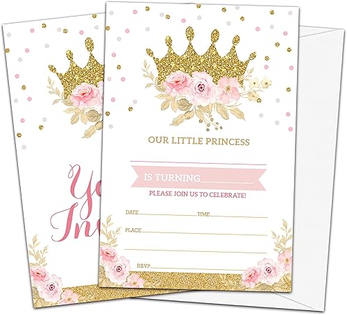 Miniatura 1 de Invitaciones de fiesta de cumpleaños de princesa, tarjetas de invitaciones de cumpleaños de princesita rosa y dorado para niños, relleno floral rosa