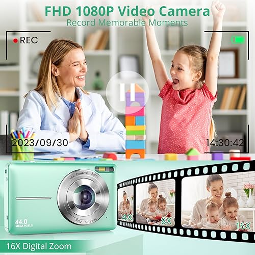 Vista 3 de Cámara digital 1080P 44MP Cámaras digitales, cámara de apuntar y disparar para niños con zoom de 16X, antivibración, cámara compacta de viaje