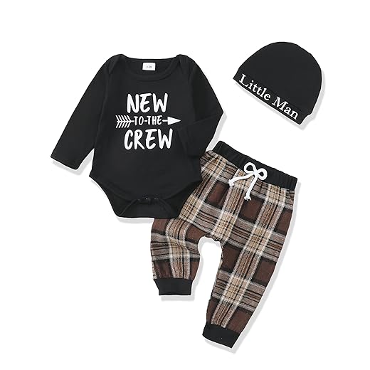 Renotemy Newborn Baby Boy Fall Clothes, Long Sleeve Letter Printed Rompers Plaid Pants Hat Outfits Clothing Set 0-18 Months