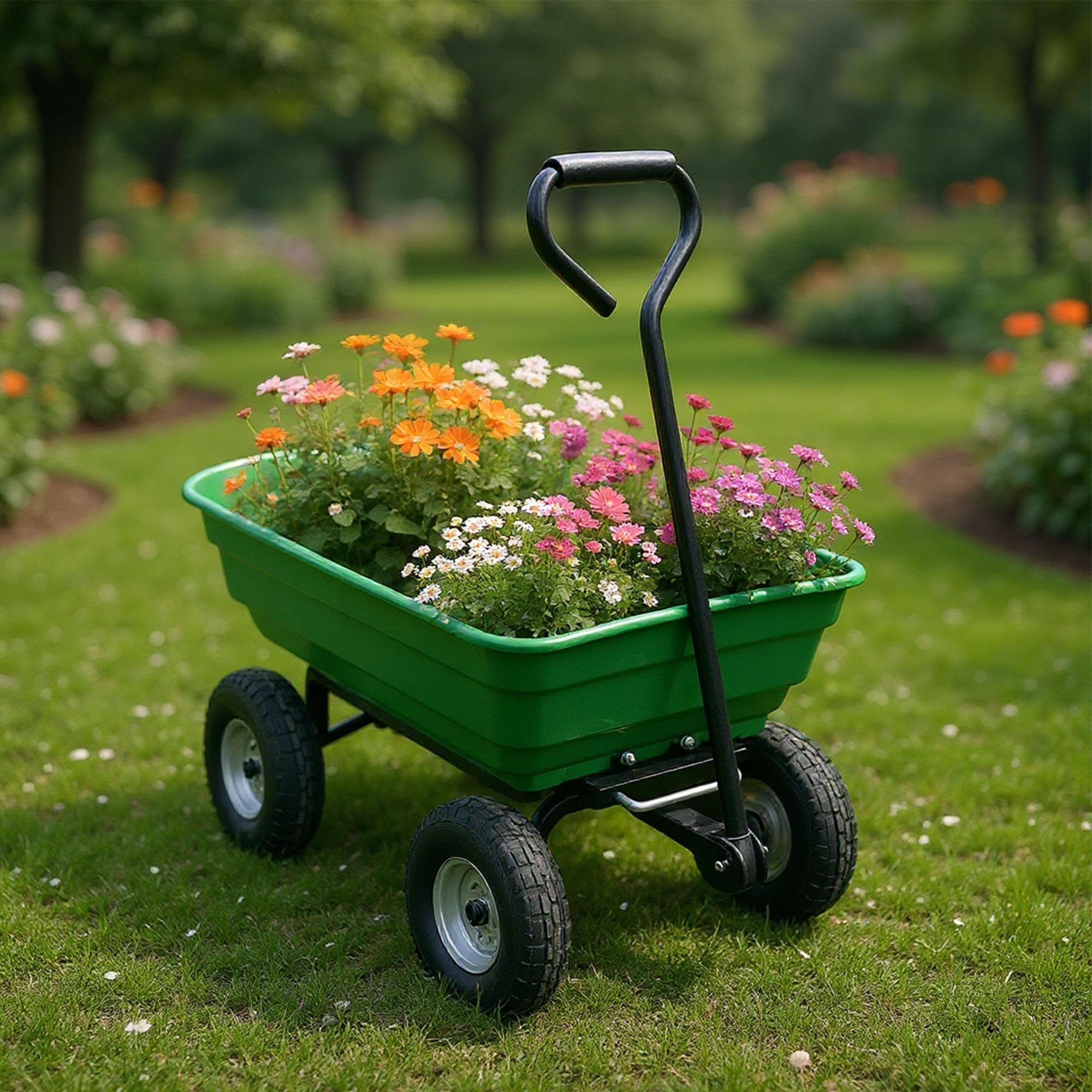 Brouette de Jardin à 4 Roues Virimolo, Chariot Utilitaire en Fer et Plastique, Dimensions 93x89,5x50,5 cm, Couleur Verte, pour Jardin, Cour et Travaux Extérieurs