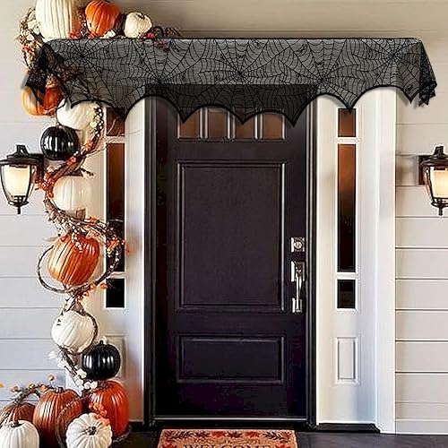Vista 9 de AerWo tela de araña para decorar la chimenea para halloween manto de encaje negro, cotillón para fiestas, 45 x 243 cm 18 x 96 pulgadas