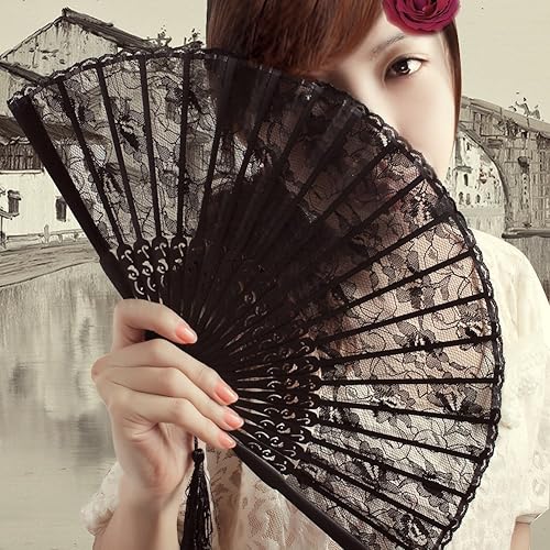 Miniatura 4 de Vintage Retro Royal Court Flower Lace Hand Ventilador de mano plegable para dama niña (negro)