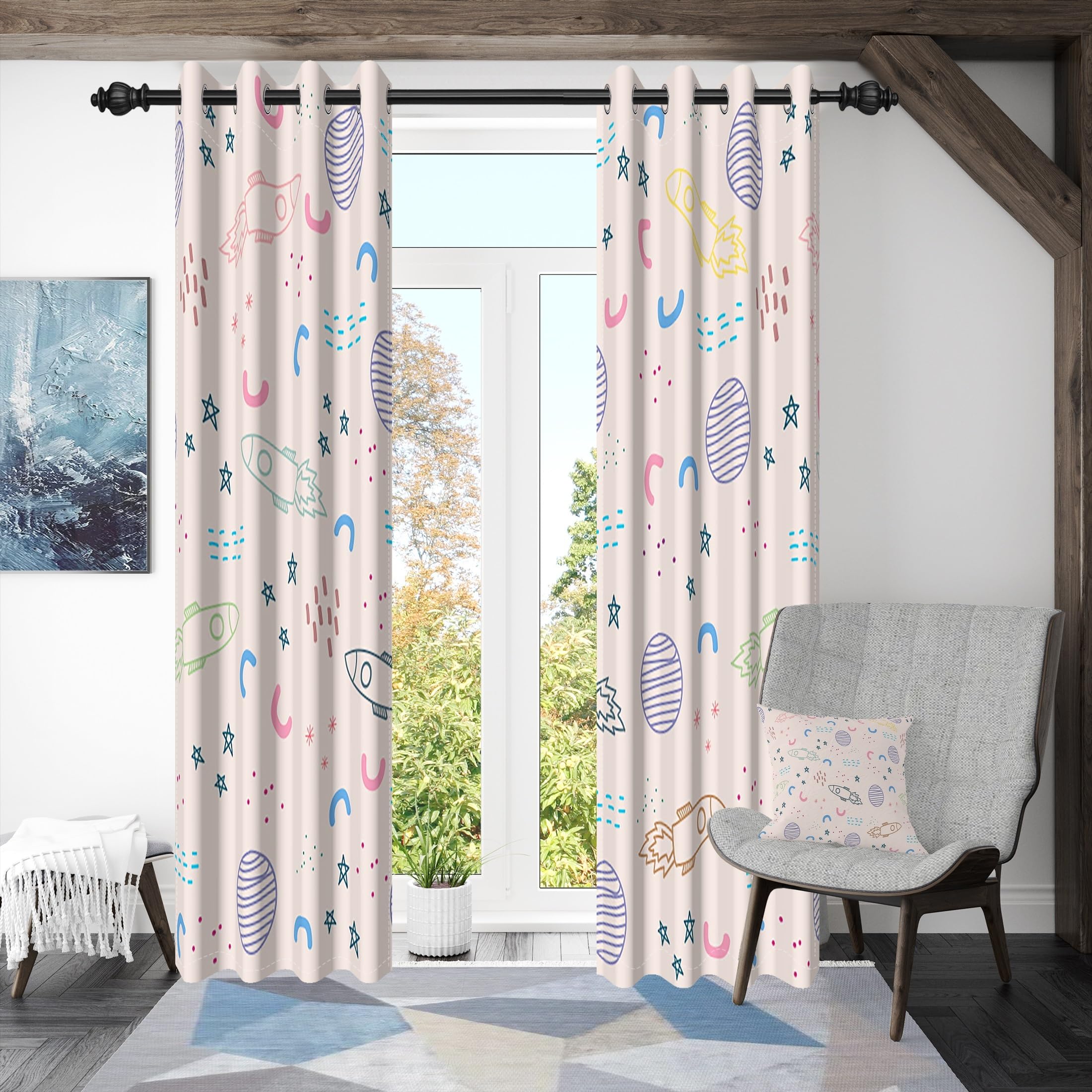 ggaimwf 117x138cm Cortina con Ojales de Dibujos Animados para Dormitorio Infantil Rosa Espacio Cohete Planeta Universo Cortinas Opacas con Ojales para la habitación de un niño,2 Panels