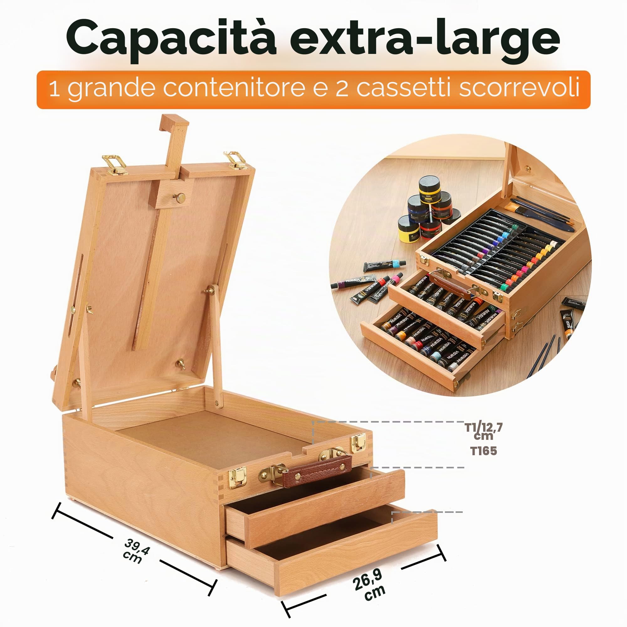 VISWIN Grande Scatola per Cavalletto da Tavolo con 3 Cassetti, Scatola Portatile per Cavalletti in Legno di Faggio per Dipingere Tele, Materiale Artistico, Adulti, Principianti, Artisti