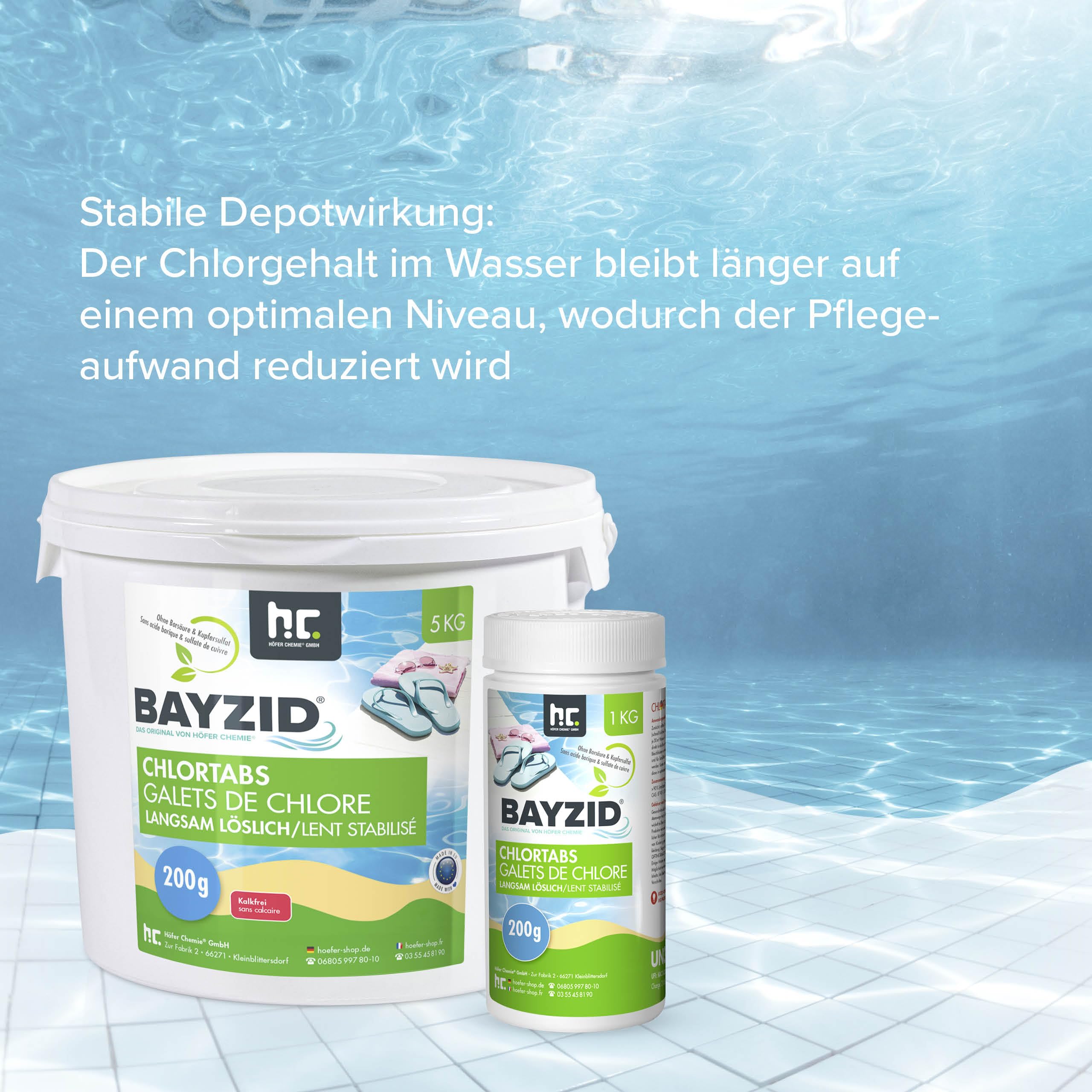 Höfer Chemie Pool Chlor Tabletten langsam löslich 200g 5 kg Bayzid - zur dauerhaften Chlorung von Pool und Schwimmbad - Hochwirksam gegen Bakterien und Pilze