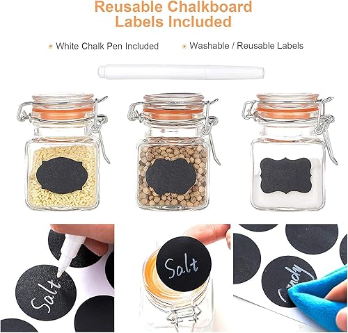 Miniatura 8 de Tarros de especias de vidrio pequeños de 3.4 onzas con etiquetas, paquete de 24 botellas de especias cuadradas vacías con tapas herméticas