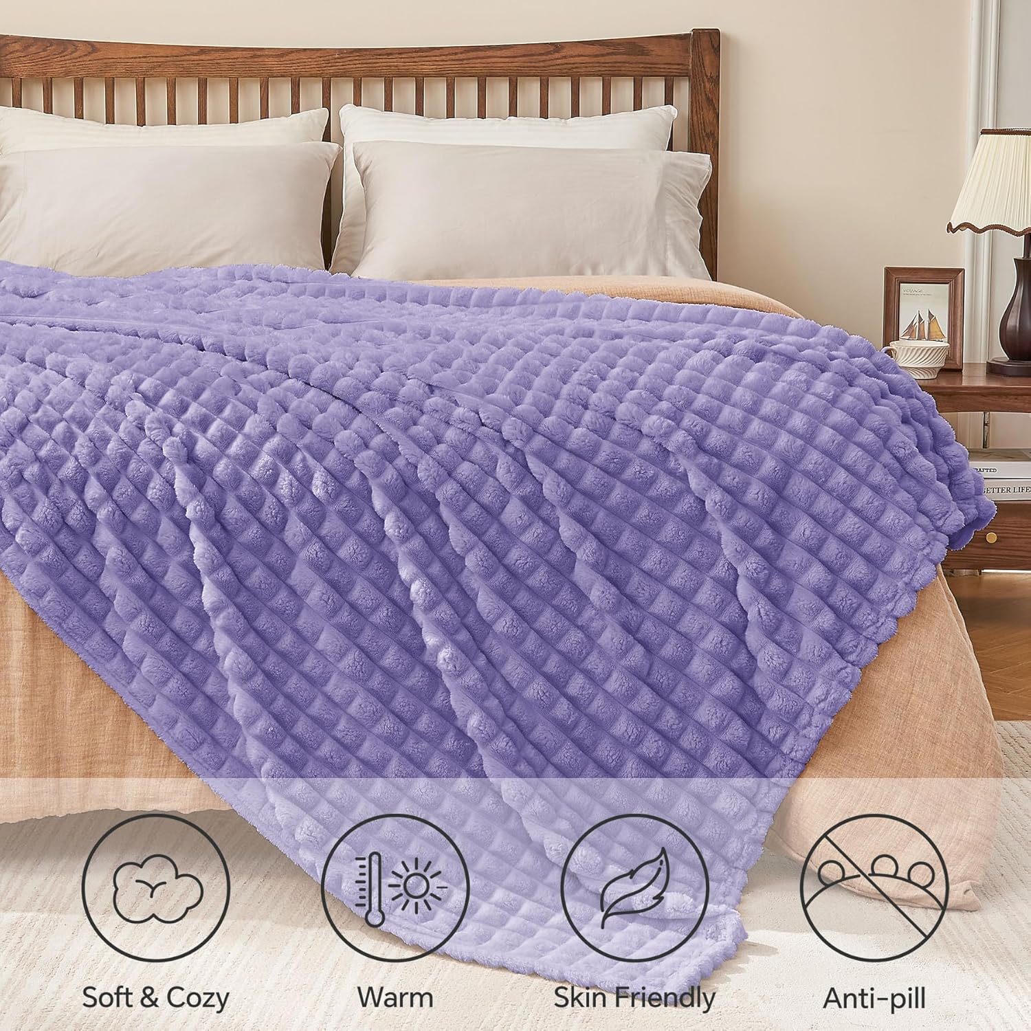 BEDELITE Lavender Throw Blanket Twin Size for Bed- Super Soft and Warm 3D Checkered Fluffy Fuzzy Fleece Blanket, Luxurious Plush Cozy Blanket for Room Decor Fall and Winter, 60x80 inches - Image 5