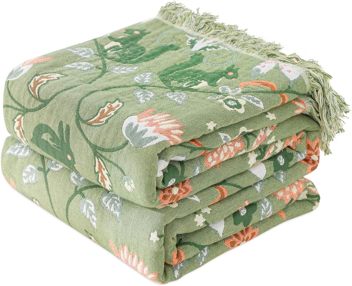 Boho Throw Blanket for Bed 100% Cotton Soft Lightweight Quilt Room Decor Green Spring Bed Blankets,Floral Garden Embroidery Reversible All Season Twin Blankets for Sofa Couch Chair 60"x80"