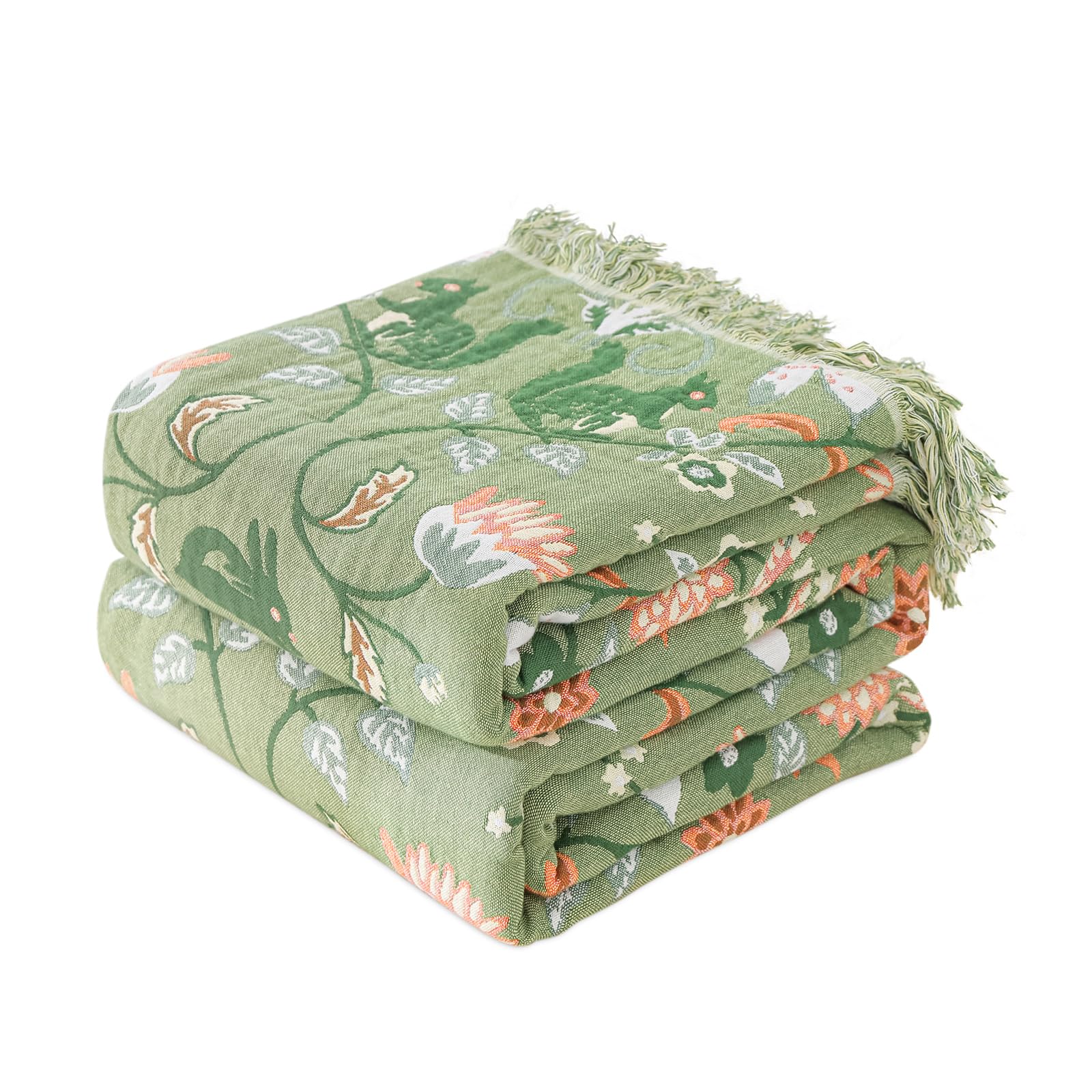 Boho Throw Blanket for Bed 100% Cotton Ultra Soft Rustic Quilt Farmhouse Decor Bed Summer Blanket,All Season Rustic Throw for Sofa Couch Chair (Green World, 60"×80")