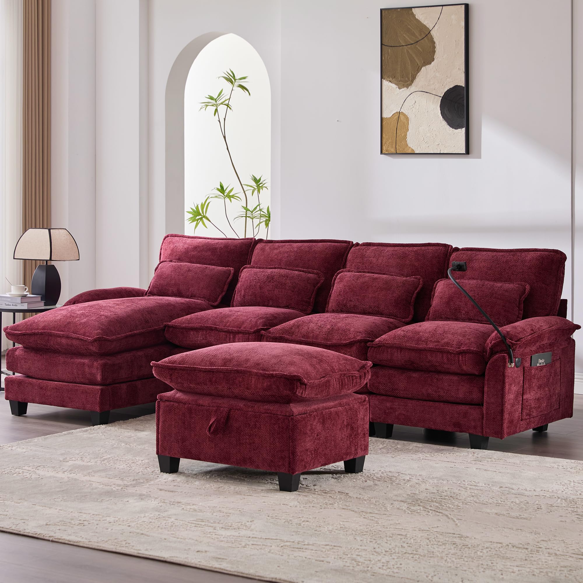 ZEIINPA U Shape Sectional Sofa Cloud Couch, 106.7" Modern Chenille Comfy Modular Couch with Storage Ottoman, 4 Seat Upholstery Sofas with USB Port & Phone Holder for Living Room, Wine Red(Left arm seat only)