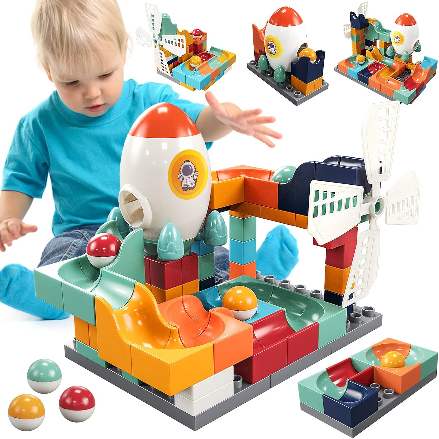 burgkidz Rocket Building Toy Set: 71 Pieces Big Size Blocks Accessories with Windmill & Marble Run, Cool Space Adventure Creative Learning Playset for Boys and Girls 3 4 5 6 Year Old