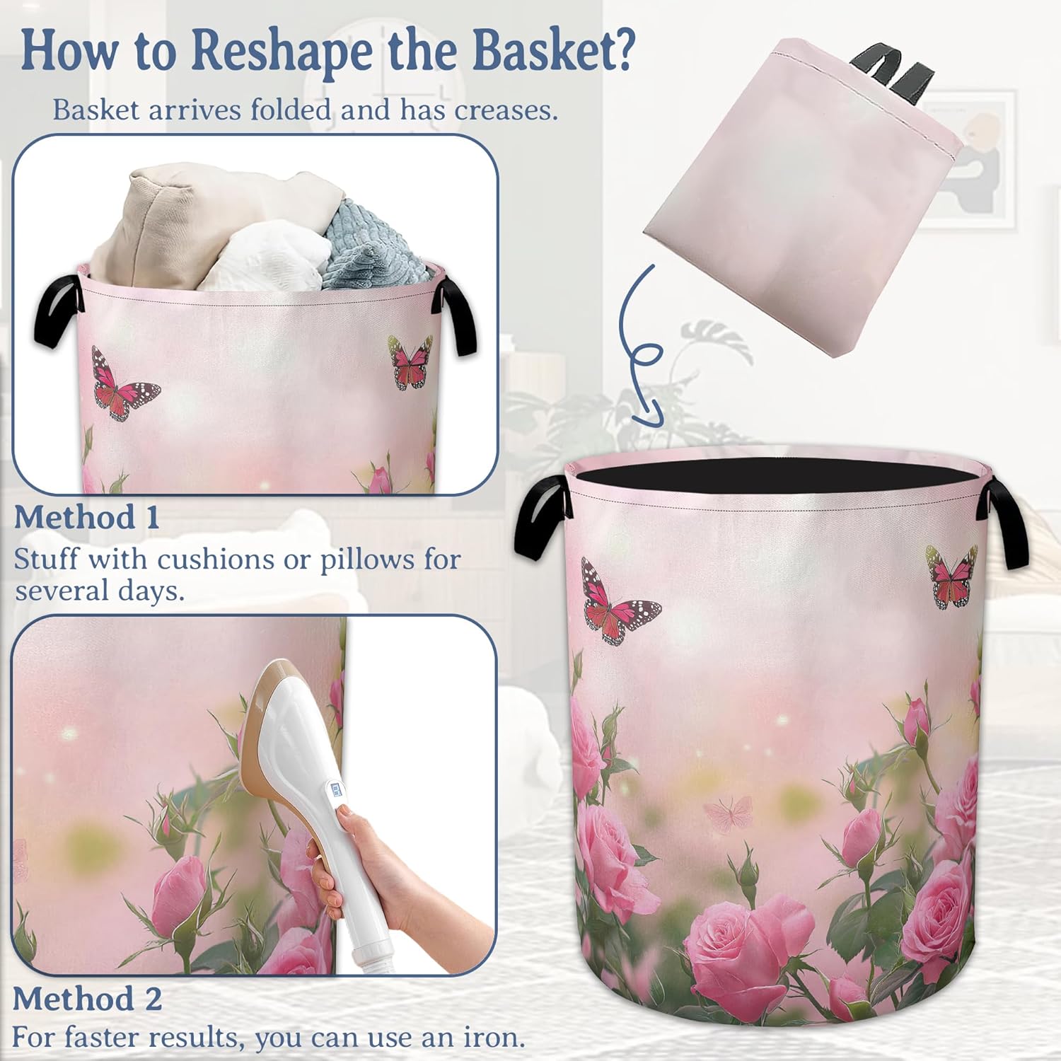 Butterfly Laundry Basket,Oxford Cloth Pink Rose Laundry Hamper With Handle Foldable Portable Clothes Storage Basket for Laundry Room/Bedroom/Bathroom 20.8"x16"