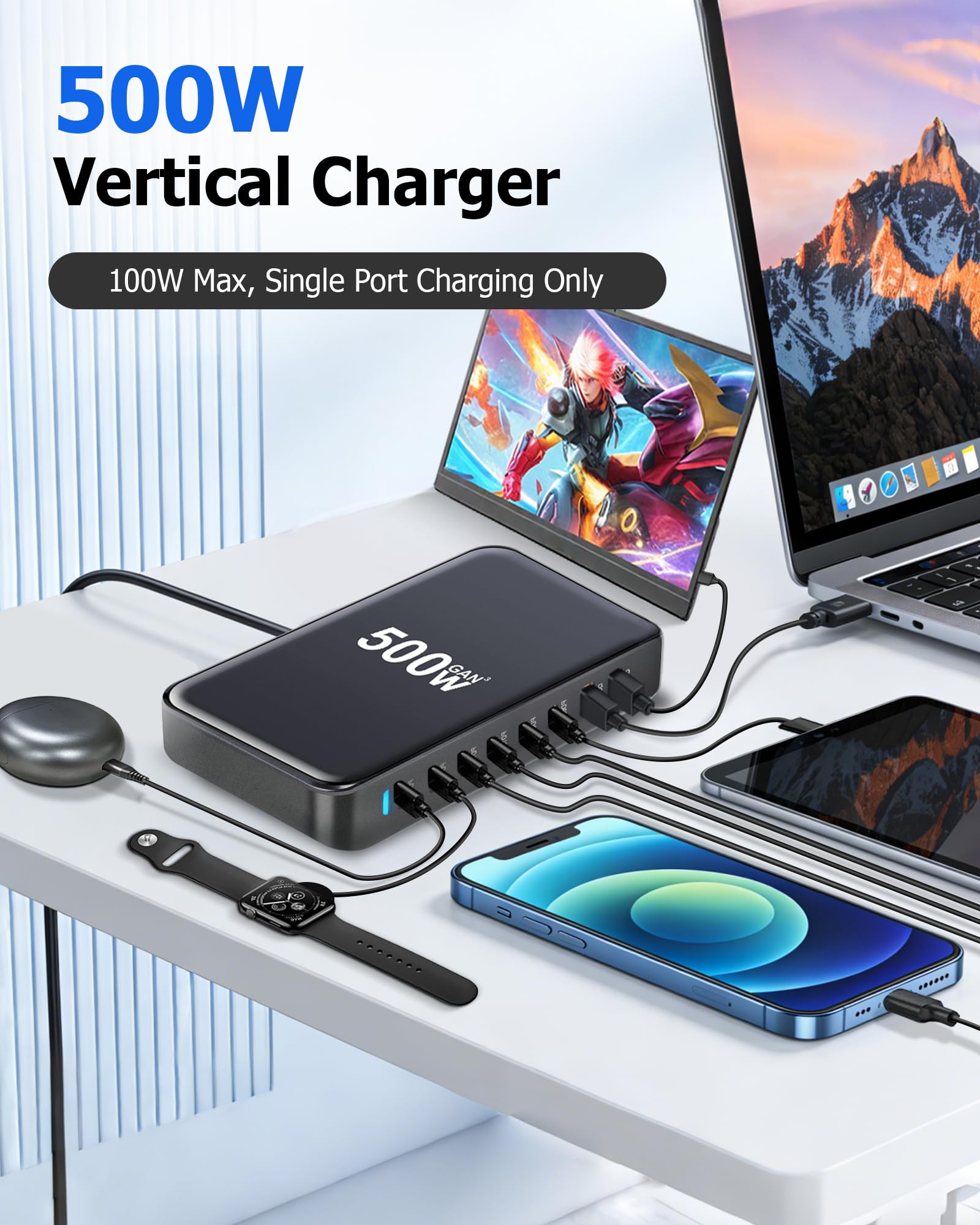 Caricatore USB C Multiplo 500W, Stazione di Ricarica Rapida 8 Porte | Porta USB Monocavo 100W Max (6 USB-C + 2 USB-A), Compatibile con MacBook Pro/Air, iPhone 16/15, Samsung, Dell, HP, Tablet