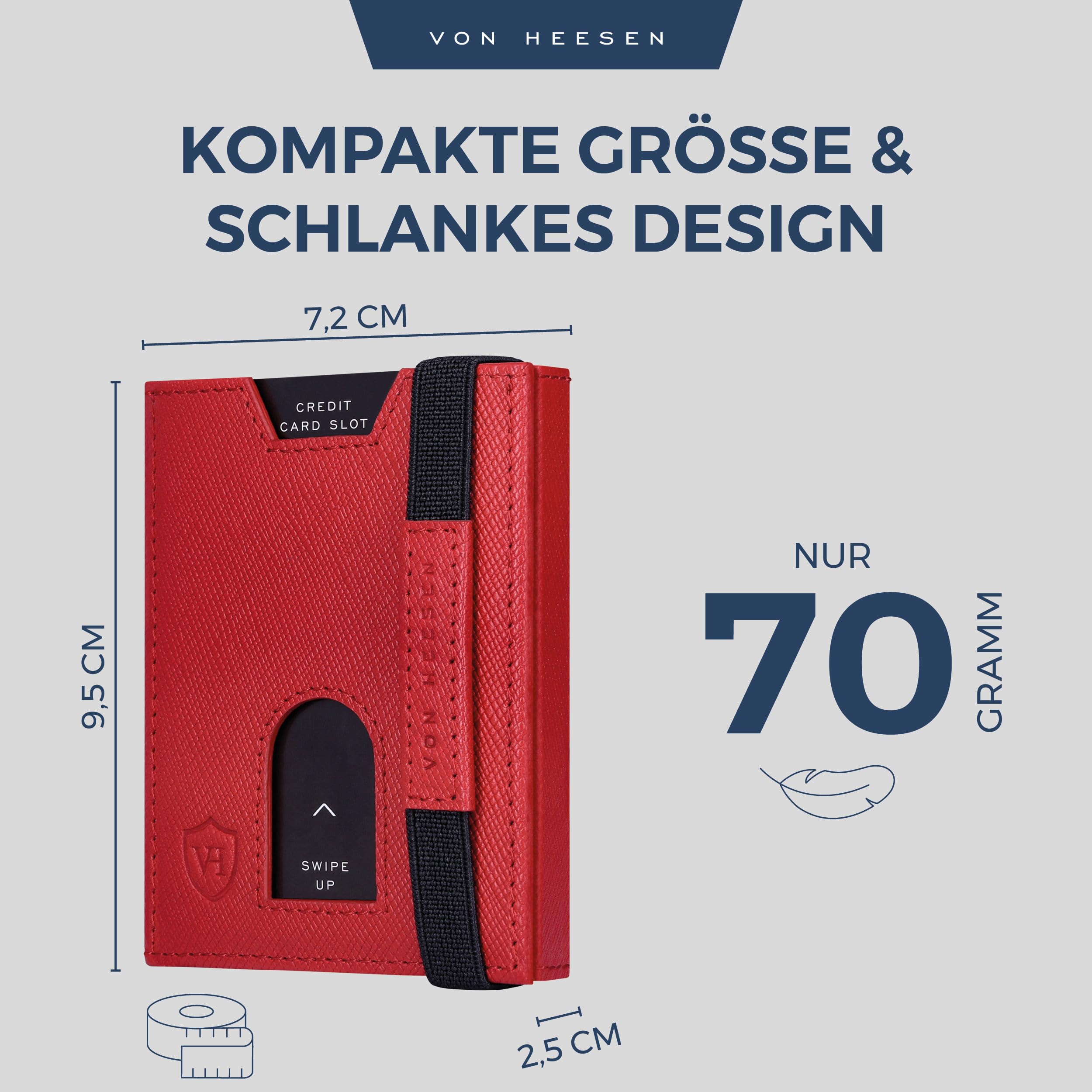 VON HEESEN Slim Wallet mit XL Münzfach & RFID-Schutz - Leder Geldbeutel - Mini Geldbörse für Herren und Damen - Kartenetui Echtleder Karten Portemonnaie klein - Kreditkartenetui Rot Saffiano - 5