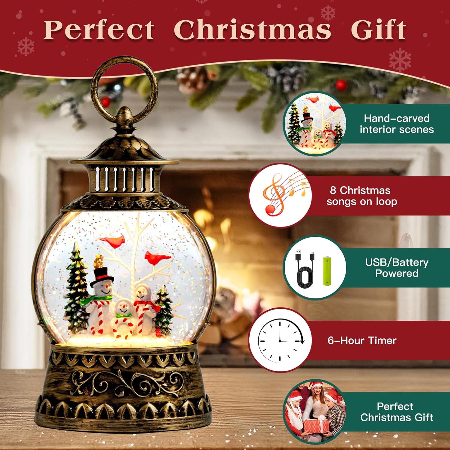 Christmas Snowman Snow Globe, Cardinal Musical Snow Globe Lantern Lights with 6H Timer Battery & USB Powered, Retro Style Holiday Glitter Globe for Xmas Home Decoration Holiday Party Gifts - Image 2