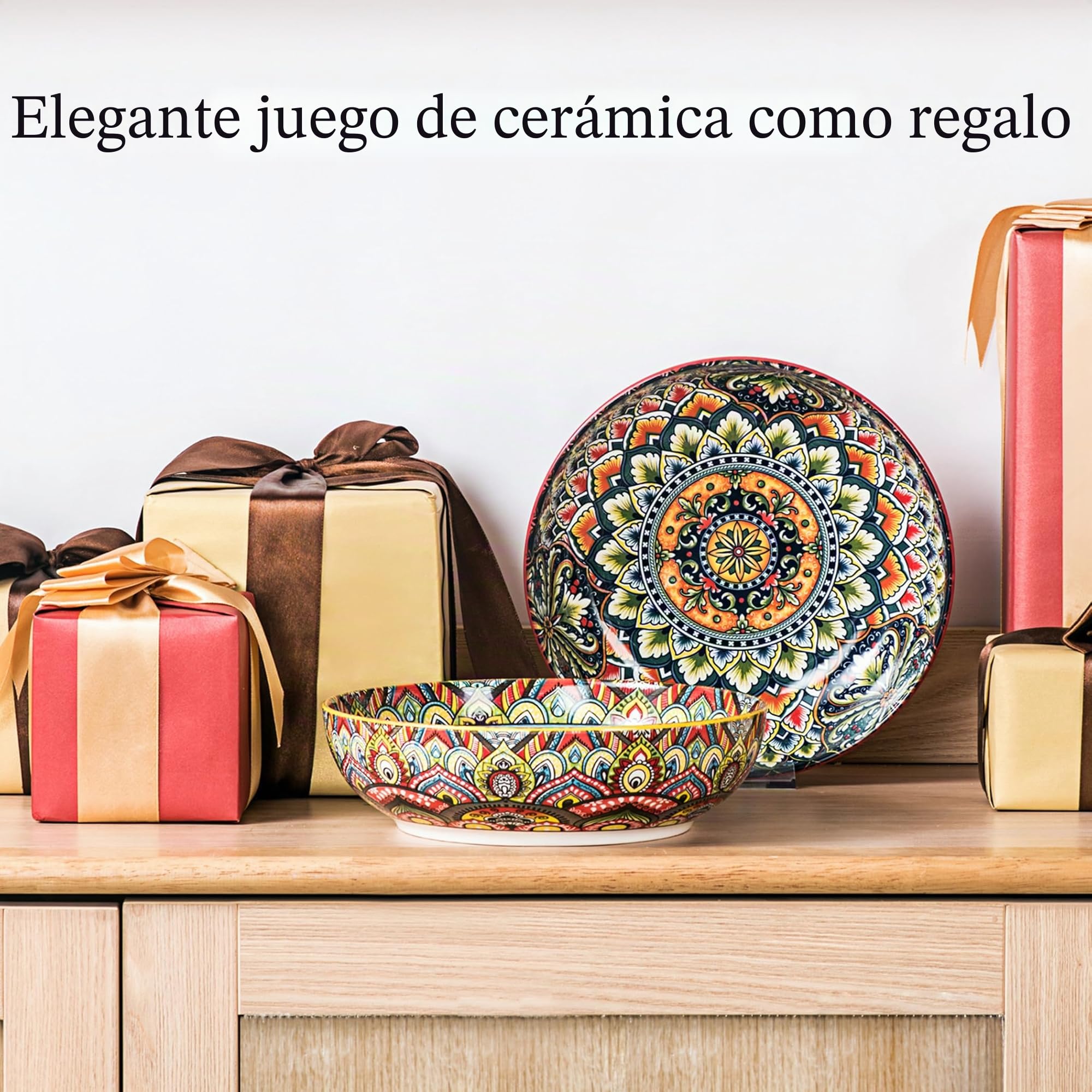 Henten Home Juego de 2 Platos Hondos de Cerámica de Estilo bohemio, 1500 ml Cuencos Grandes de Sopa, Cuencos Grandes para Pasta, Ramen, Ensalada, apto para Lavavajillas, Microondas y Horno