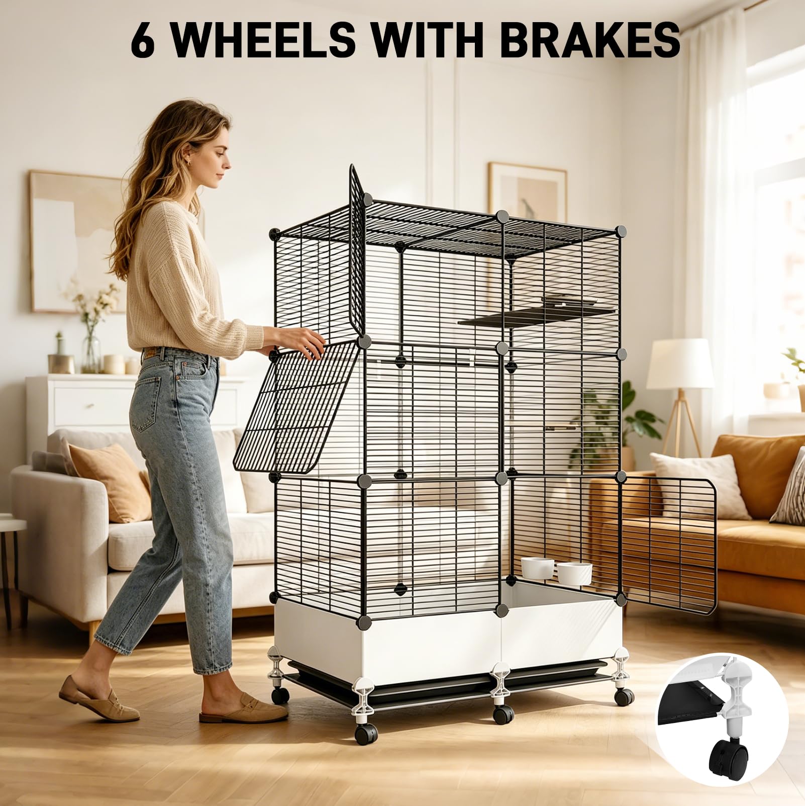 Jaula grande para loros para interiores con ruedas bloqueables, jaula para periquitos con comedero, cuenco de agua, plataforma de juego, fácil de mover y limpiar (negro, 74 x 37 W x