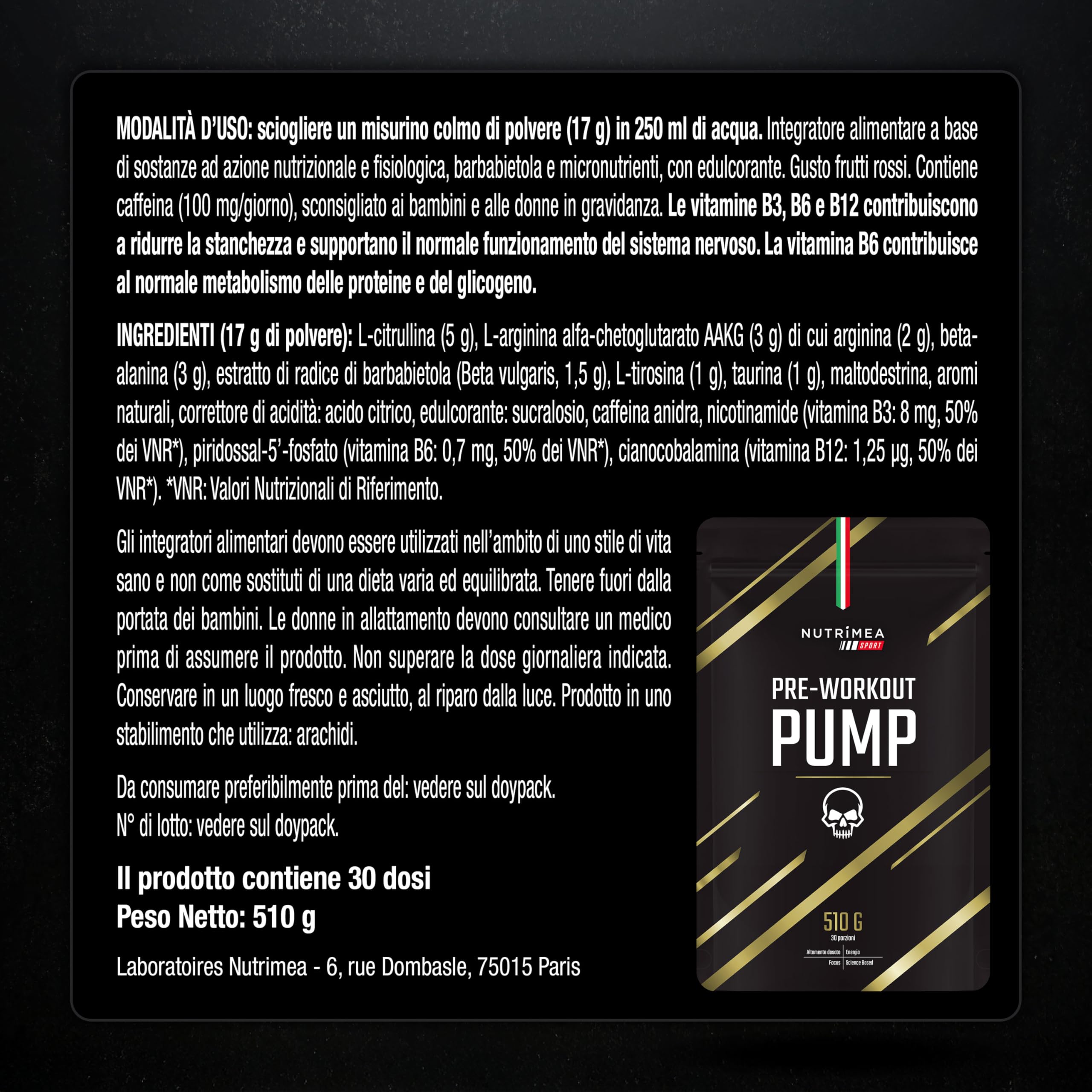 Pre Workout Potente | Integratore Pre-Allenamento Boost di Energia | AAKG, Beta Alanina, Caffeina, Citrullina, Taurina, Tirosina | Vitamine B3, B6, B12 | 510g | Gusto Frutti Rossi | Nutrimea