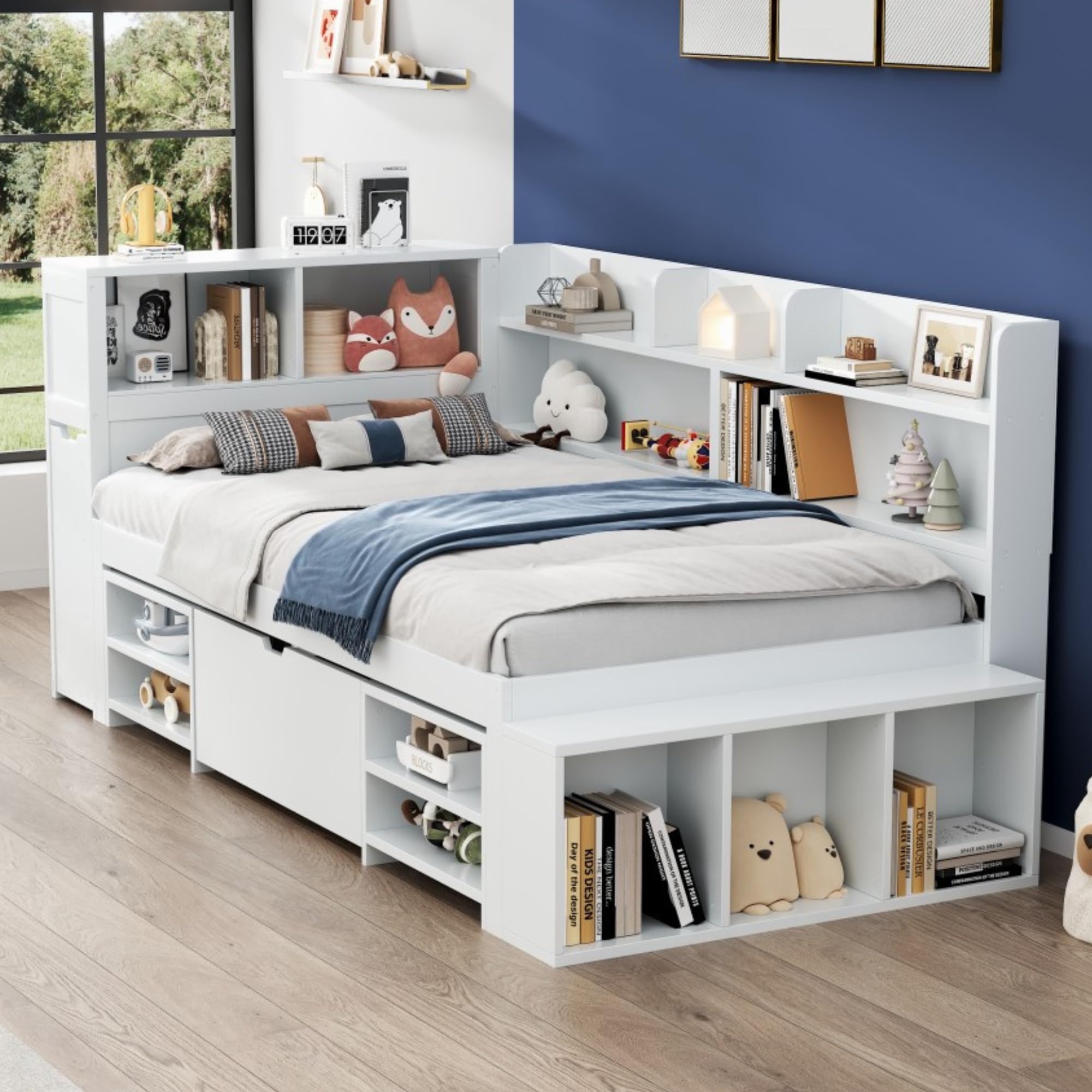 Zepneiy Lit Enfant 90x190 avec tiroirs et étagères, Lit Simple 90x200 multifonctionne avec Grand Espace de Rangement et sommier à Lattes, Crade de Blanc (sans Matelas)