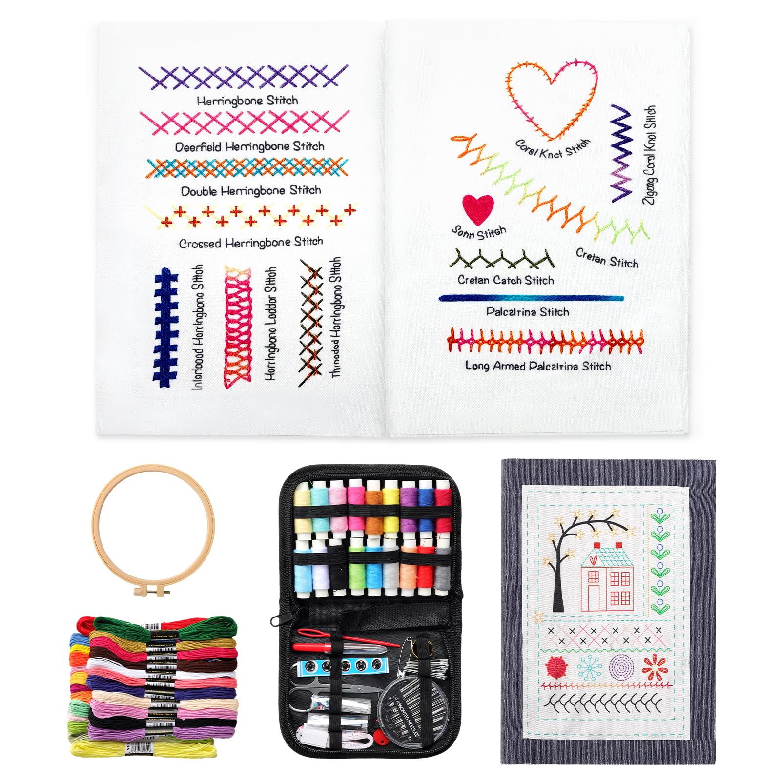 Komforbaa Kit da Ricamo Aggiornato per Principianti, Libro di Punto senza Limiti con Motivi Essenziali, Cerchio da 16cm, Filo a 24 Colori, Strumenti Completi, Tutto in Uno Portatile per Adulti e