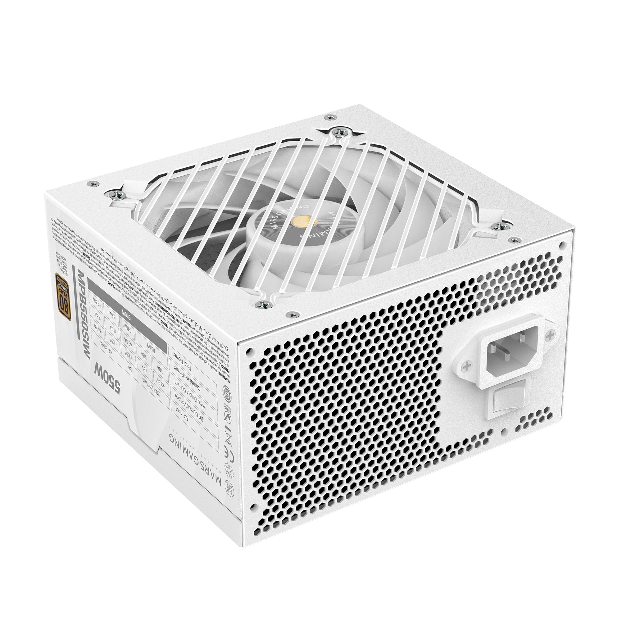 Mars Gaming MPB550SI, Alimentation ATX 550 W, Garantie 7 Ans, 80Plus Bronze 230 V, 90% d’efficacité, Ventilateur SI Extreme Silence, Technologies AI2-RPM, condensateurs Japonais, Blanc