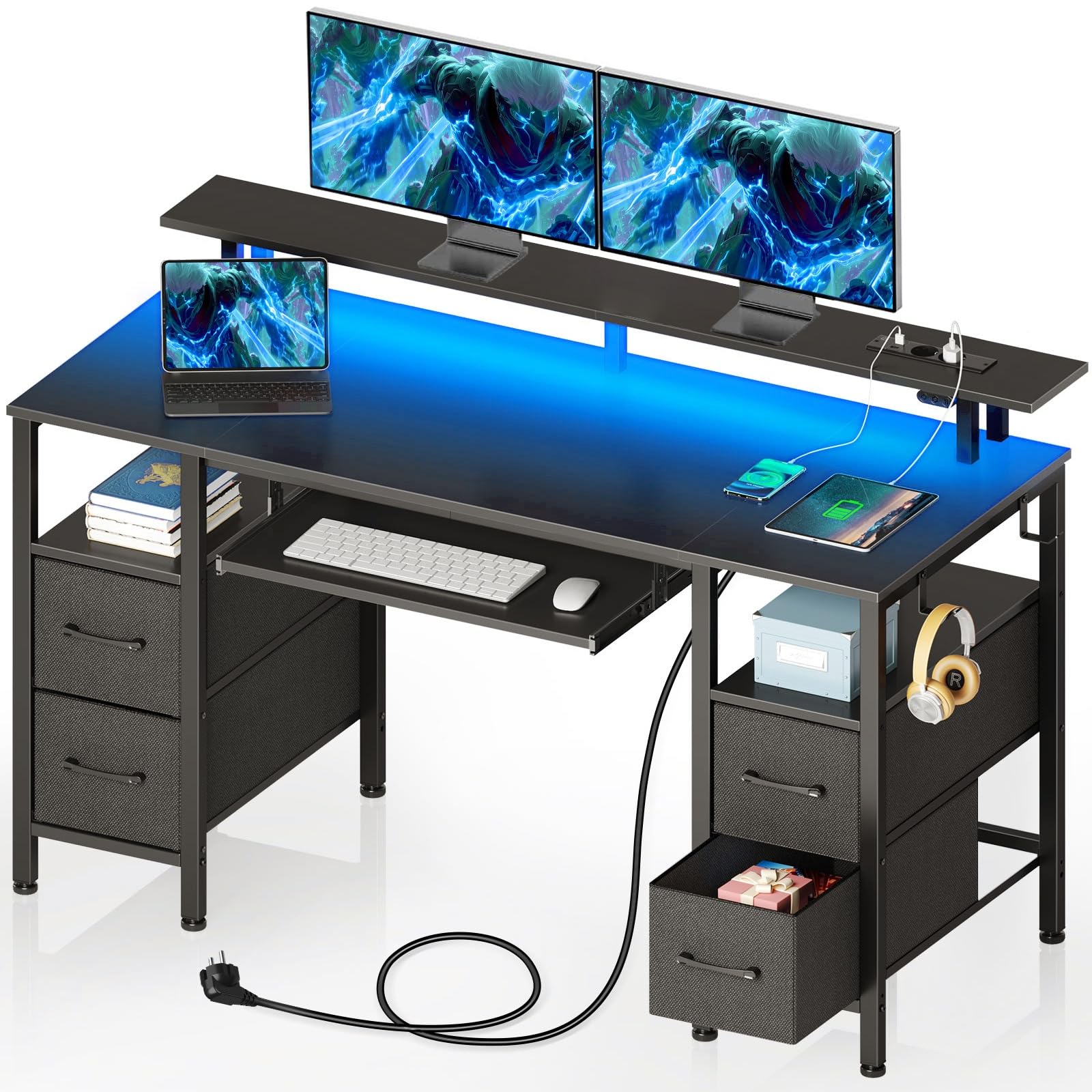 Seventable Scrivania con Cassetti LED, Postazione Gaming con 2 Prese di Corrente e 2 Porte di Ricarica USB, Scrivania Gaming con Supporto per Monitor & Vassoio per Tastiera per Ufficio(Nero 120cm)