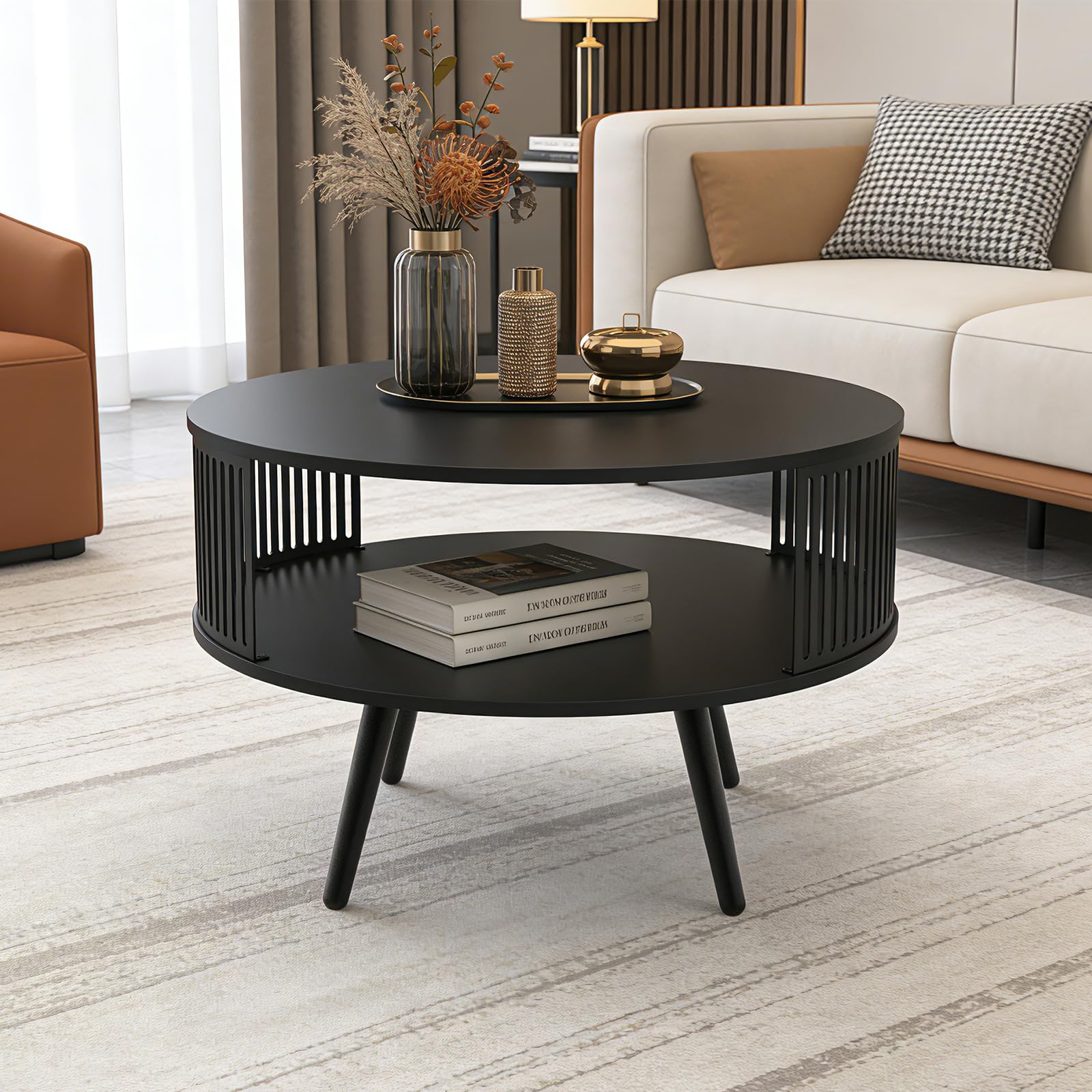 Runder Couchtisch Ø 75 cm mit Ablage, Wohnzimmertisch Schwarz